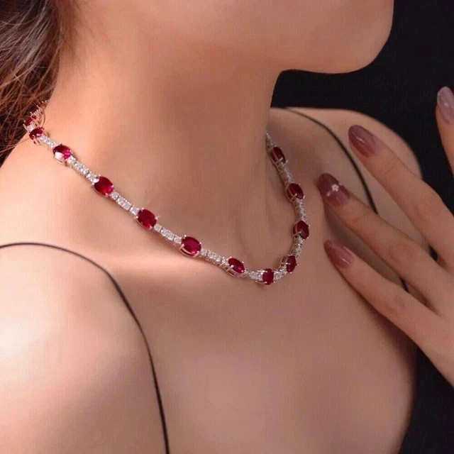 14Ct Oval Cut Lab Created Red Ruby Women’s Tennis Necklace 14K White Gold Plated