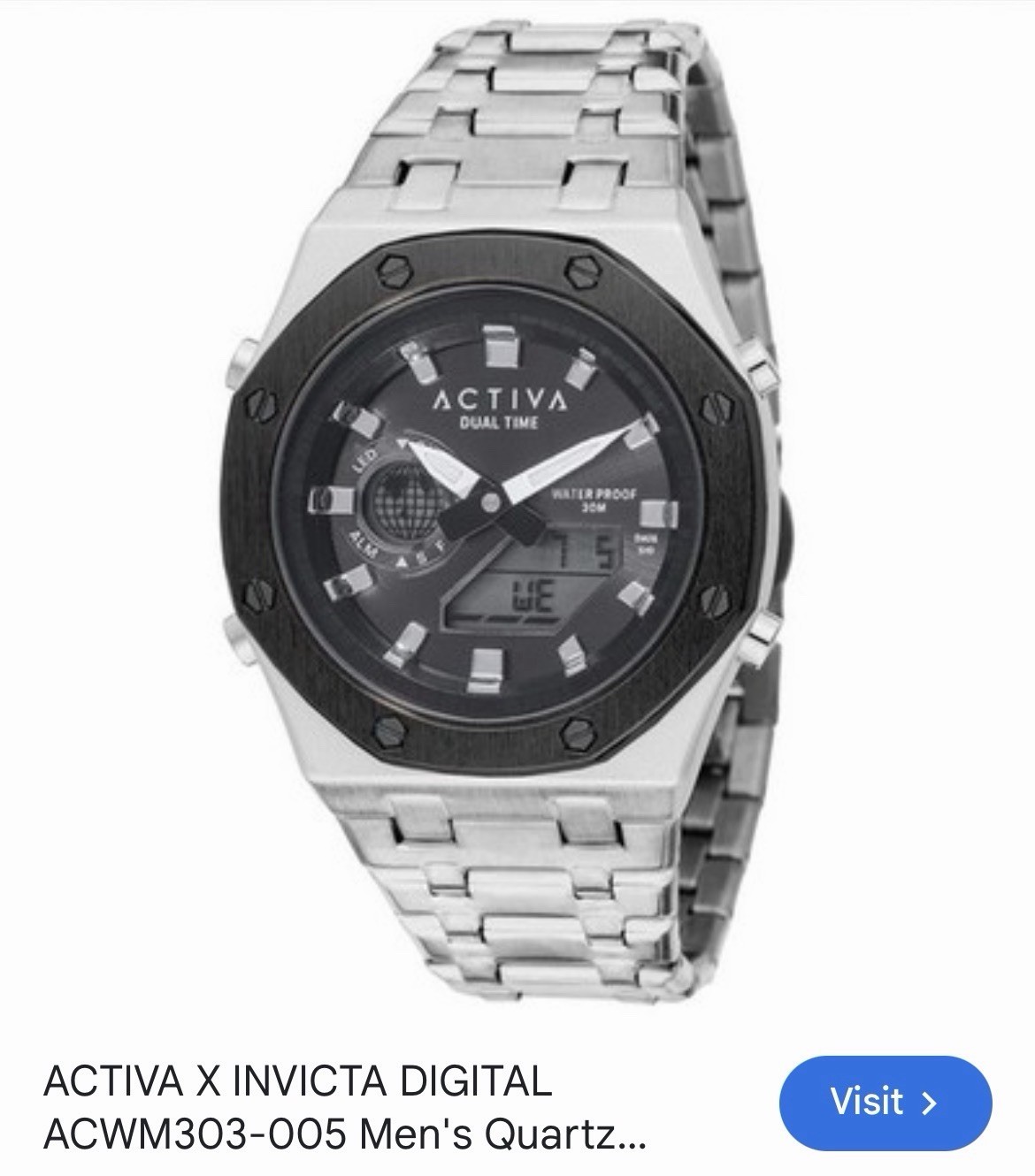Activa Dual Time Men’s Quartz Analog/Digital Day Date 45mm 30m SS Bracelet