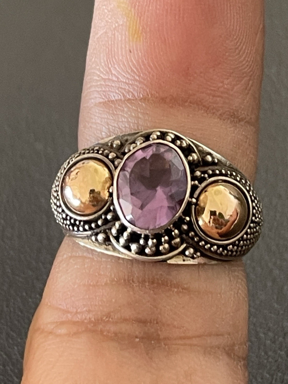 Vintage 925 Silver 18KT Yellow Gold 1.2CT Amethyst Ring (H12)