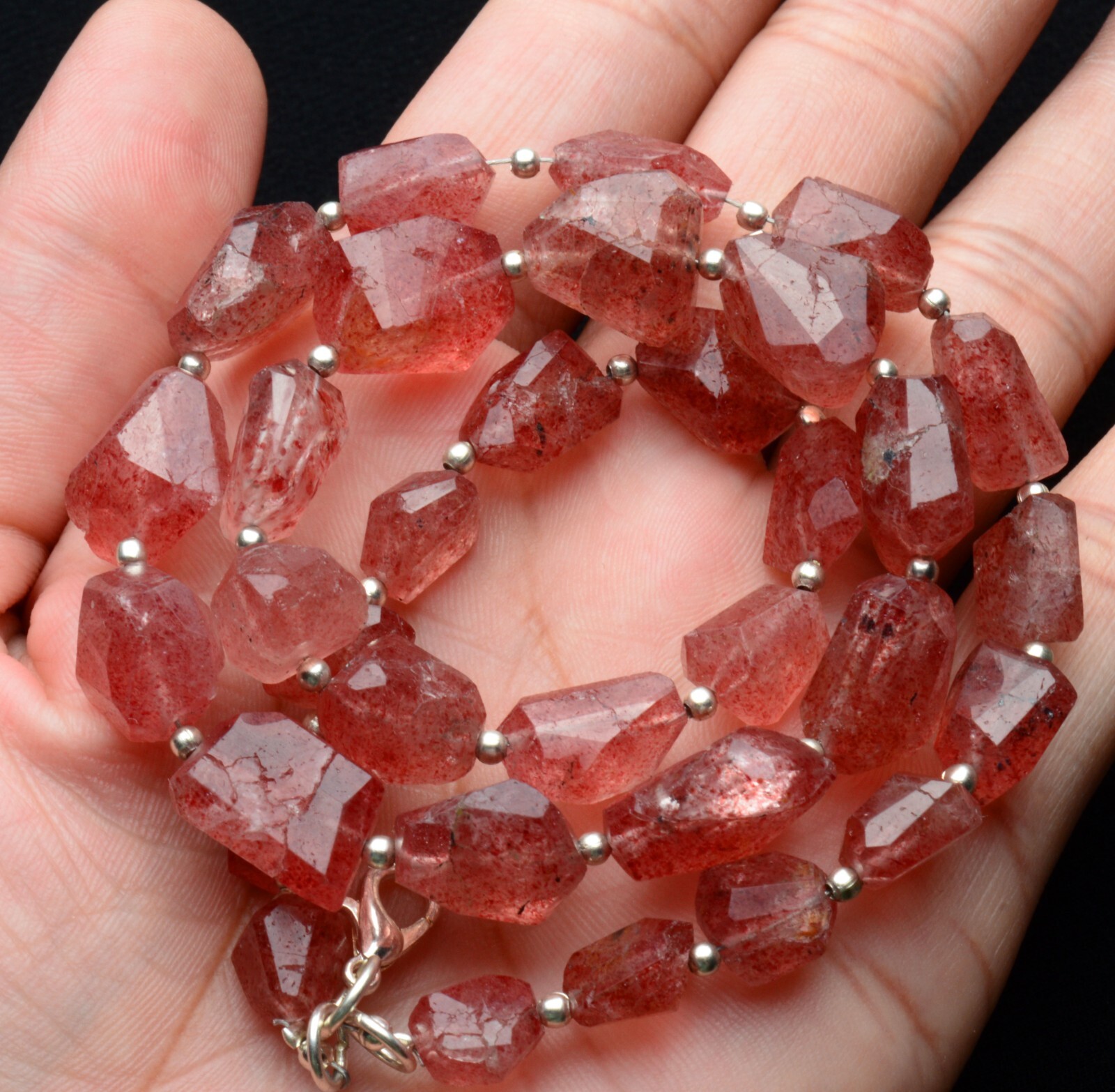 Natural Gem Strawberry Quartz 9 to 15 mm Nugget Beads Necklace 19″