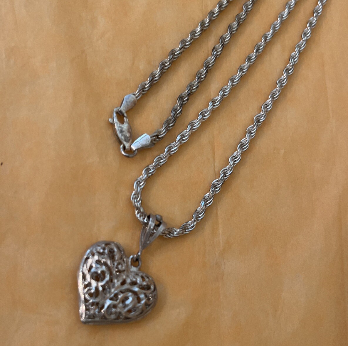❤️VTG FAS 925 THICK ROPE CHAIN WITH 925 HEART PENDANT 11-1/2” HANG CHAIN 20g