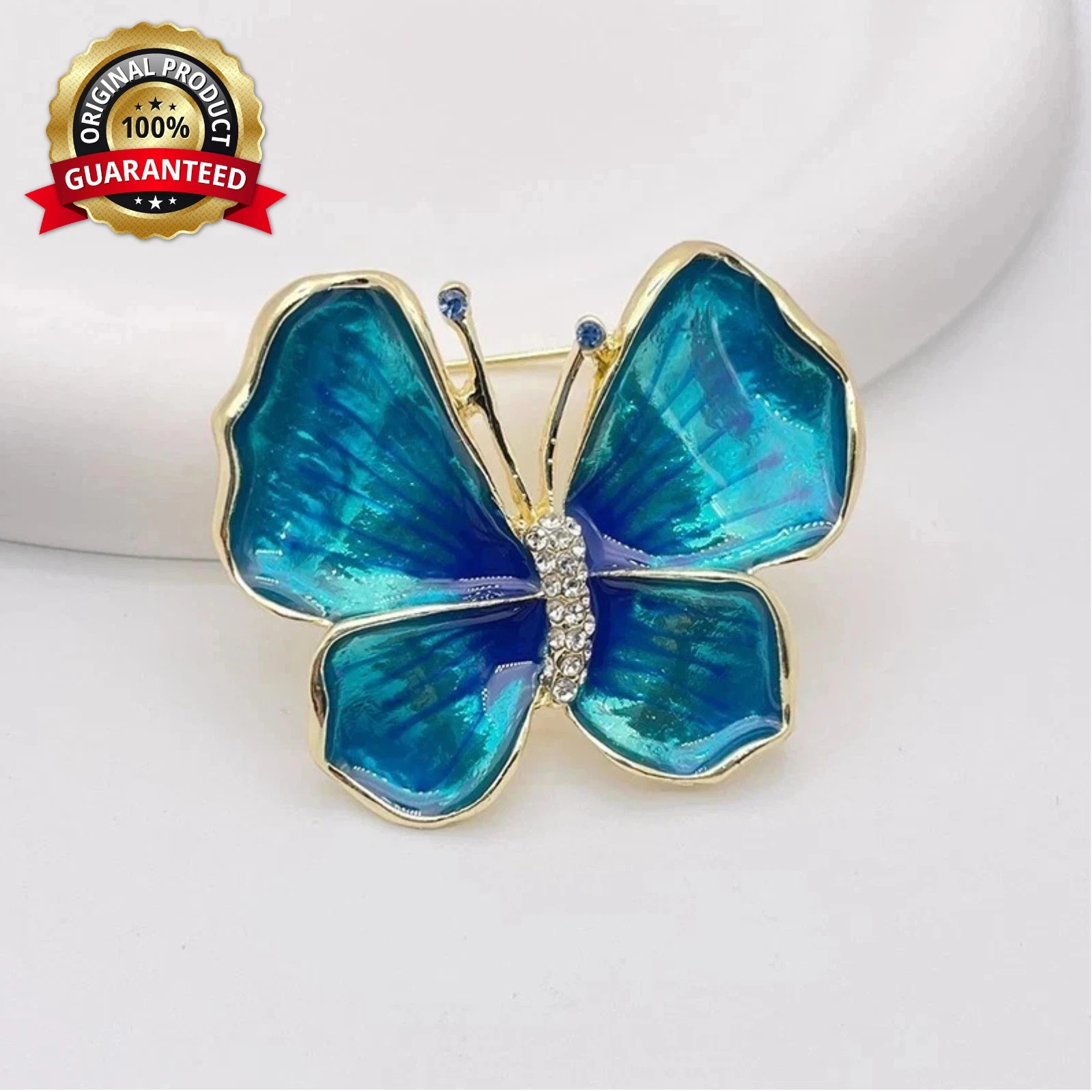 Vintage Style Teal Blue Enamel Butterfly Brooch Pin Gold Tone Crystal Accents