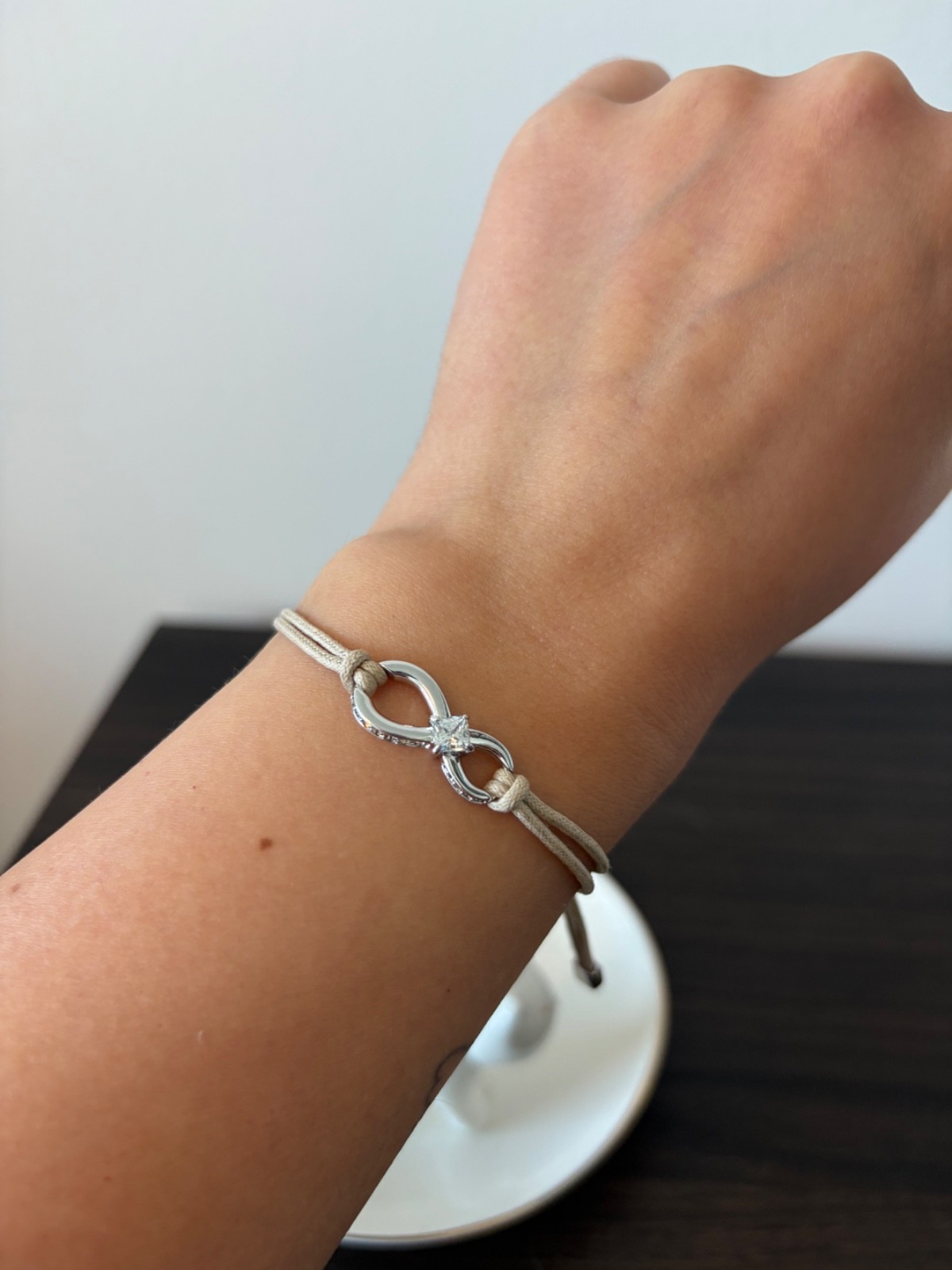 Swarovski Infinity Bracelet Beige Rope Cord Crystal Adjustable Rhodium Plated