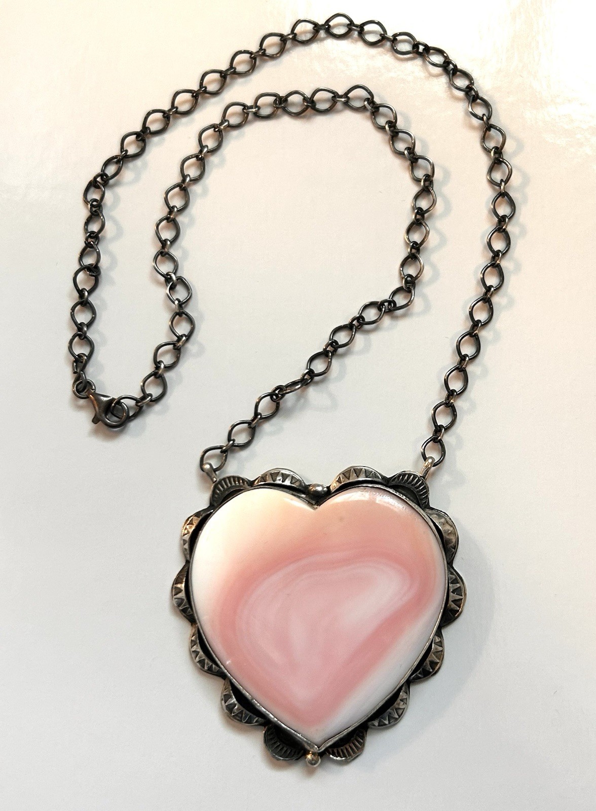 Navajo Handmade Sterling Silver & Pink Conch Heart Necklace by Artist Tia Long