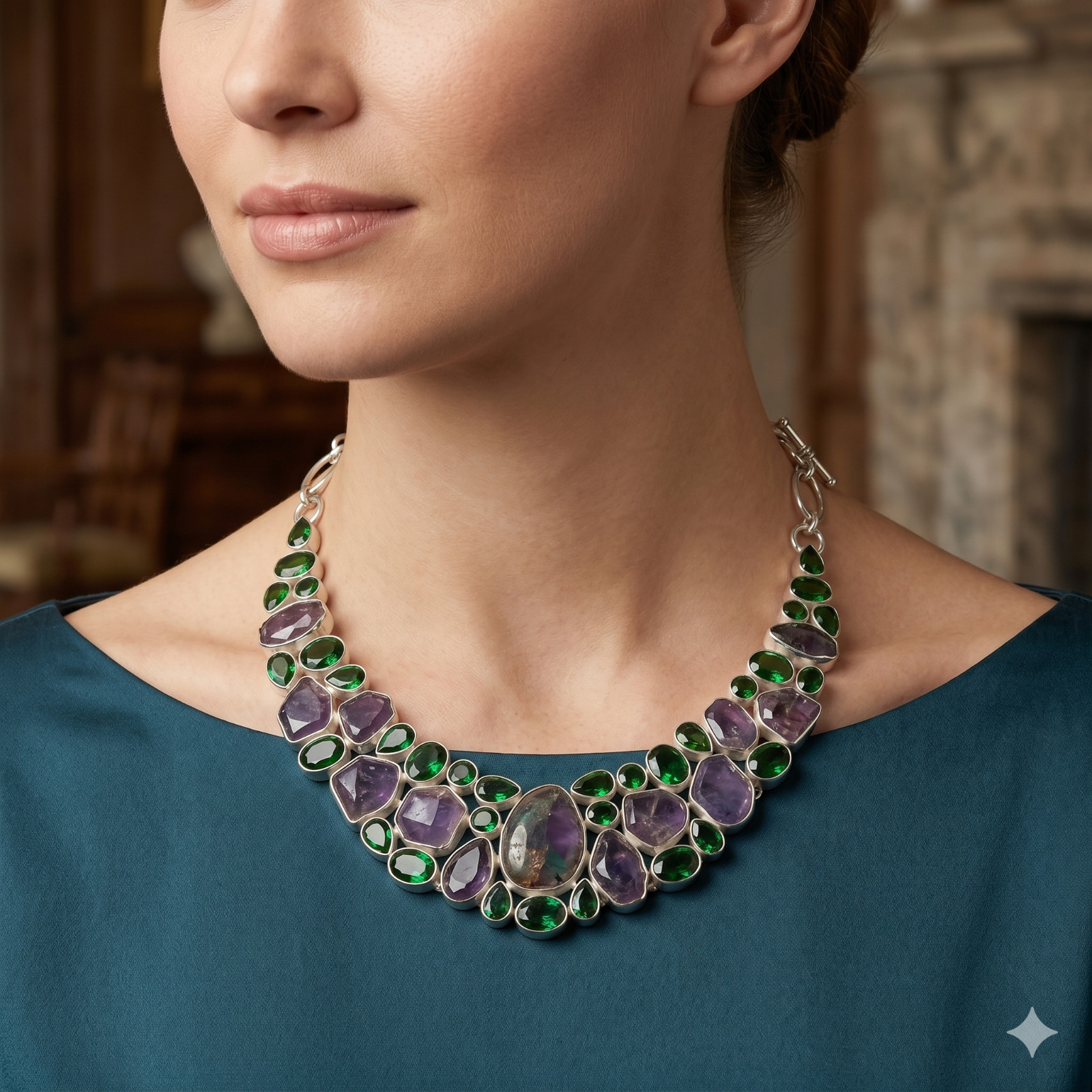 Silver Finish Genuine Chrysoprase Chrome Diopside Elegant Chain Necklace Jewelry