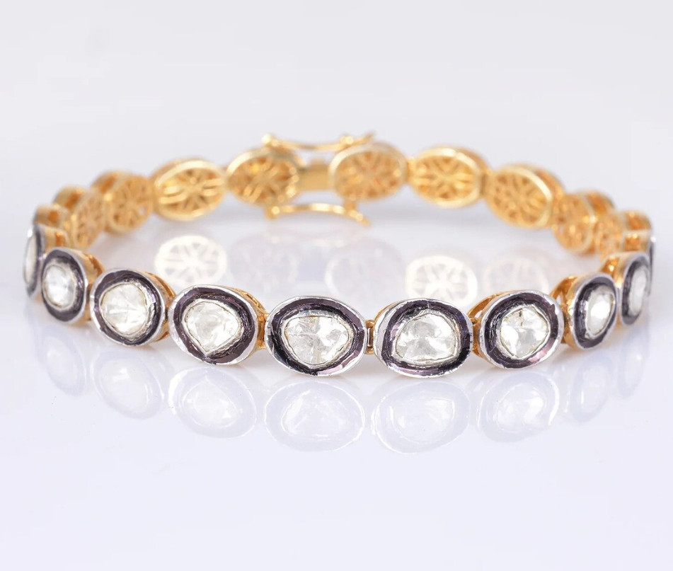 Gold Victorian Rose Cut Polki Diamond Bracelet For Men & Women Silver Bracelet