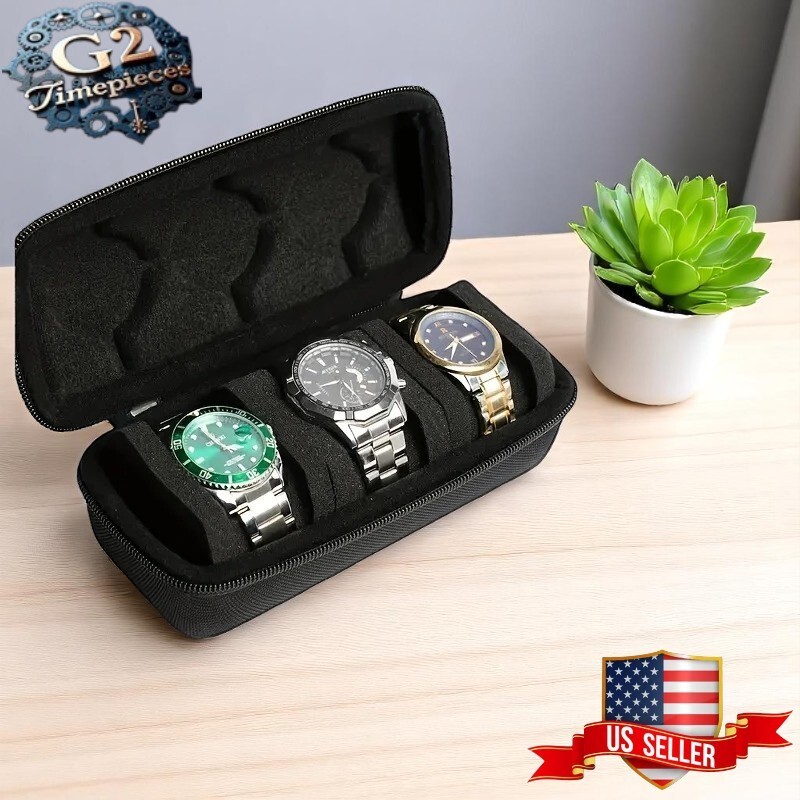 3 Slots Portable Travel Watch Roll Case Wristwatch Display Storage Box Organizer