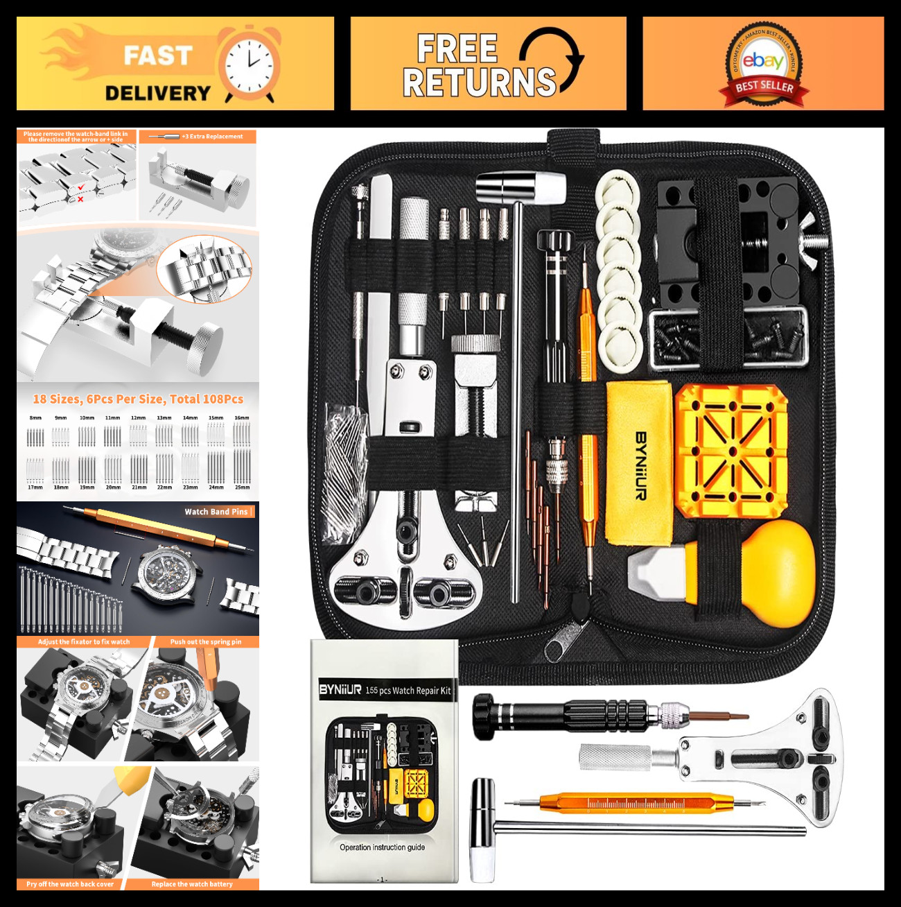 Watch Link Removal Kit & Repair Tools Set, Spring Bar Tool, Battery Replacement,