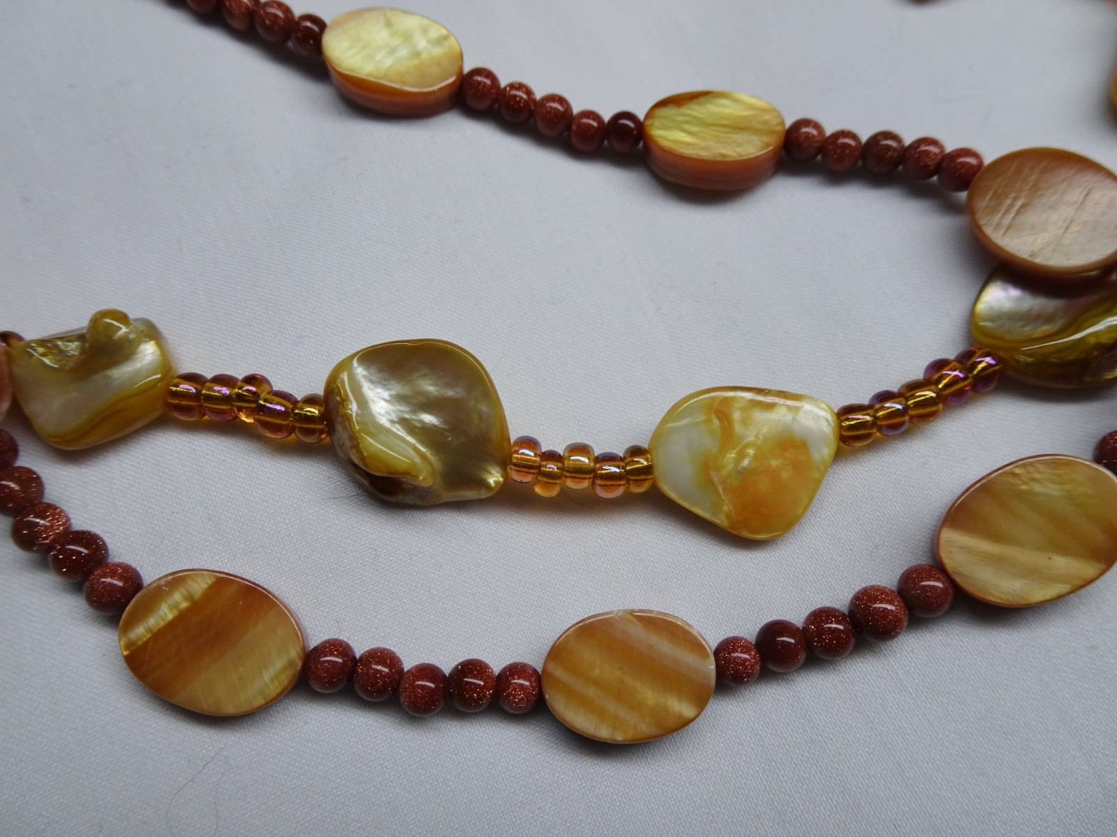 TWO Hand Crafted Necklaces Goldstone Shell Glass 18 1/4″ & 19 1/2″ N9 DNG