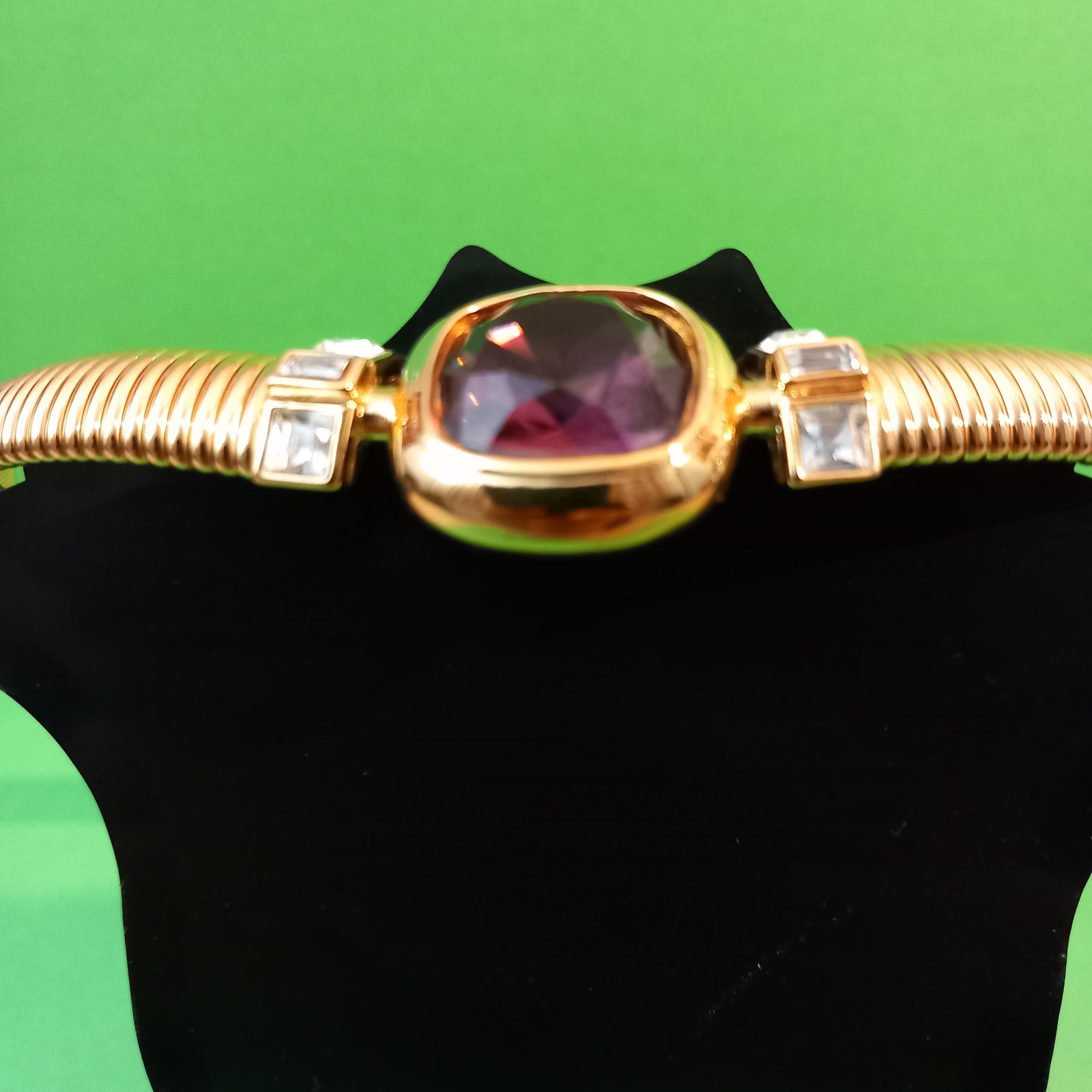 1980’s Nina Ricci Gold Tone Omega Tubogas Collar Necklace Purple&Clear Crystals