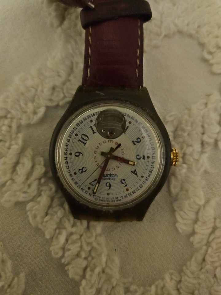 Swatch SAM103 Classic Cheddar 1993 Automatic Watch Original Band Torn As Is Runs