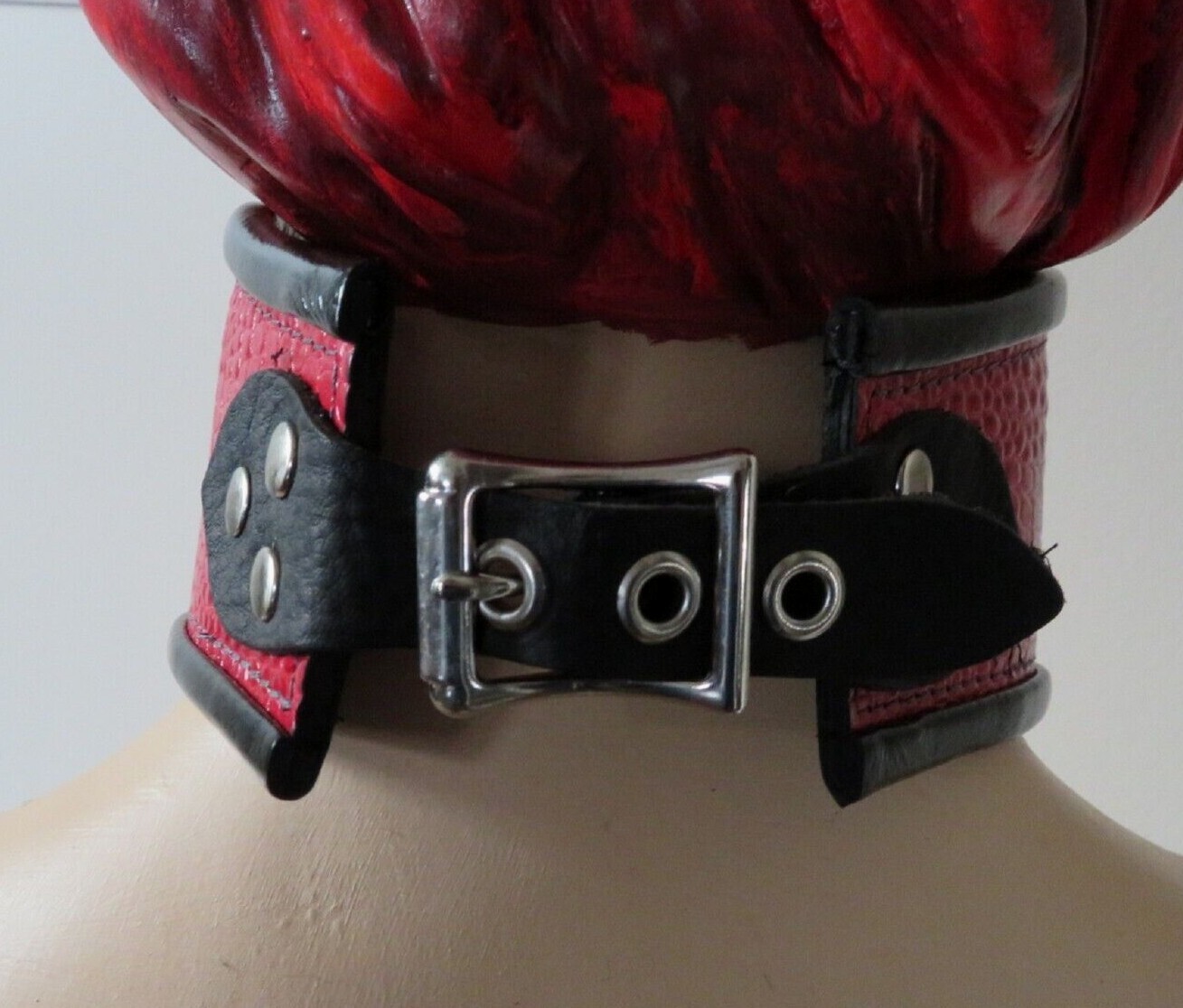 Leather Patent Leather Posture Collar with D & O Rings, Red Handcrafted USA