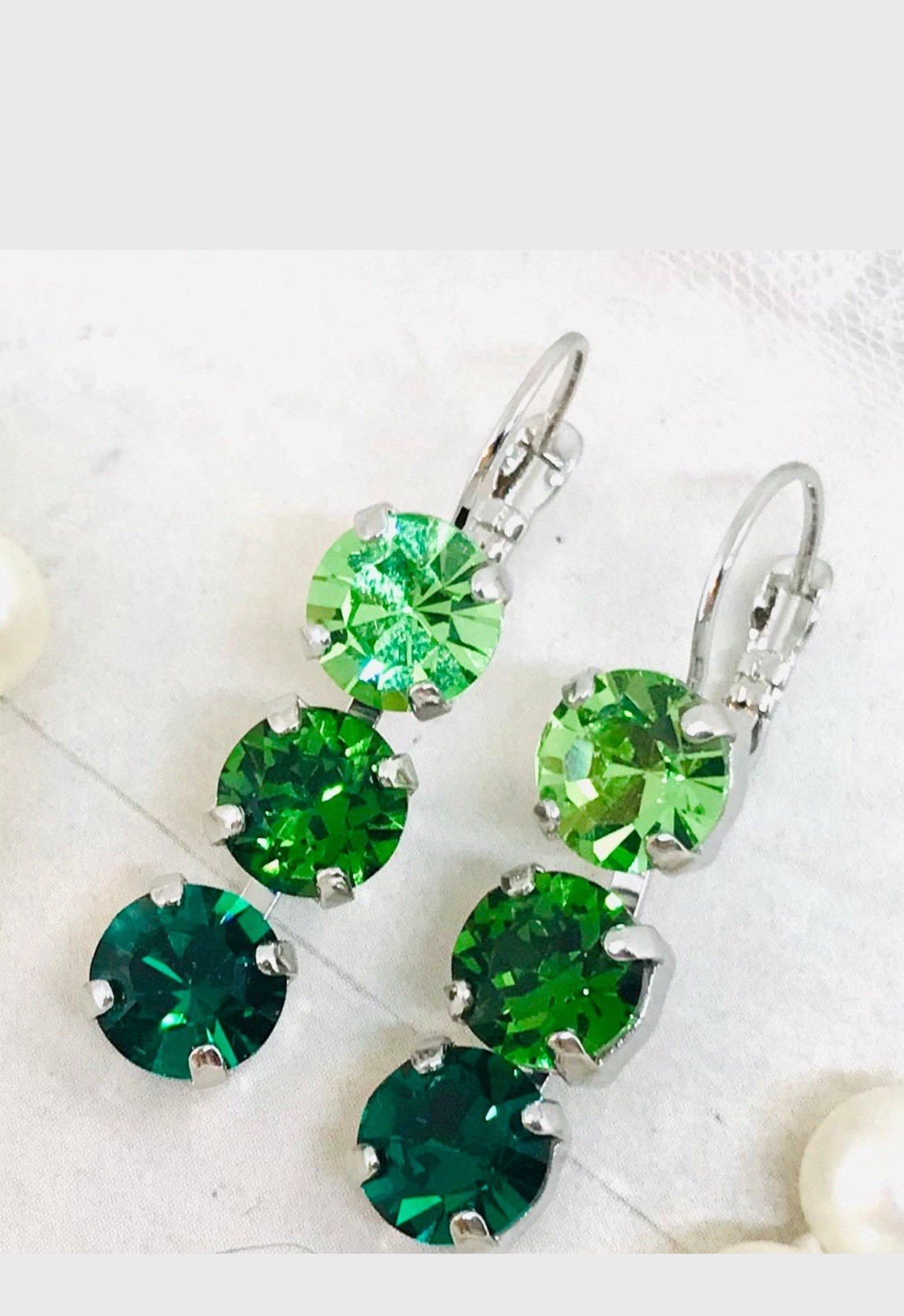 Silver Plated Triple Stone Kelly Green Crystal Cup Chain Earrings