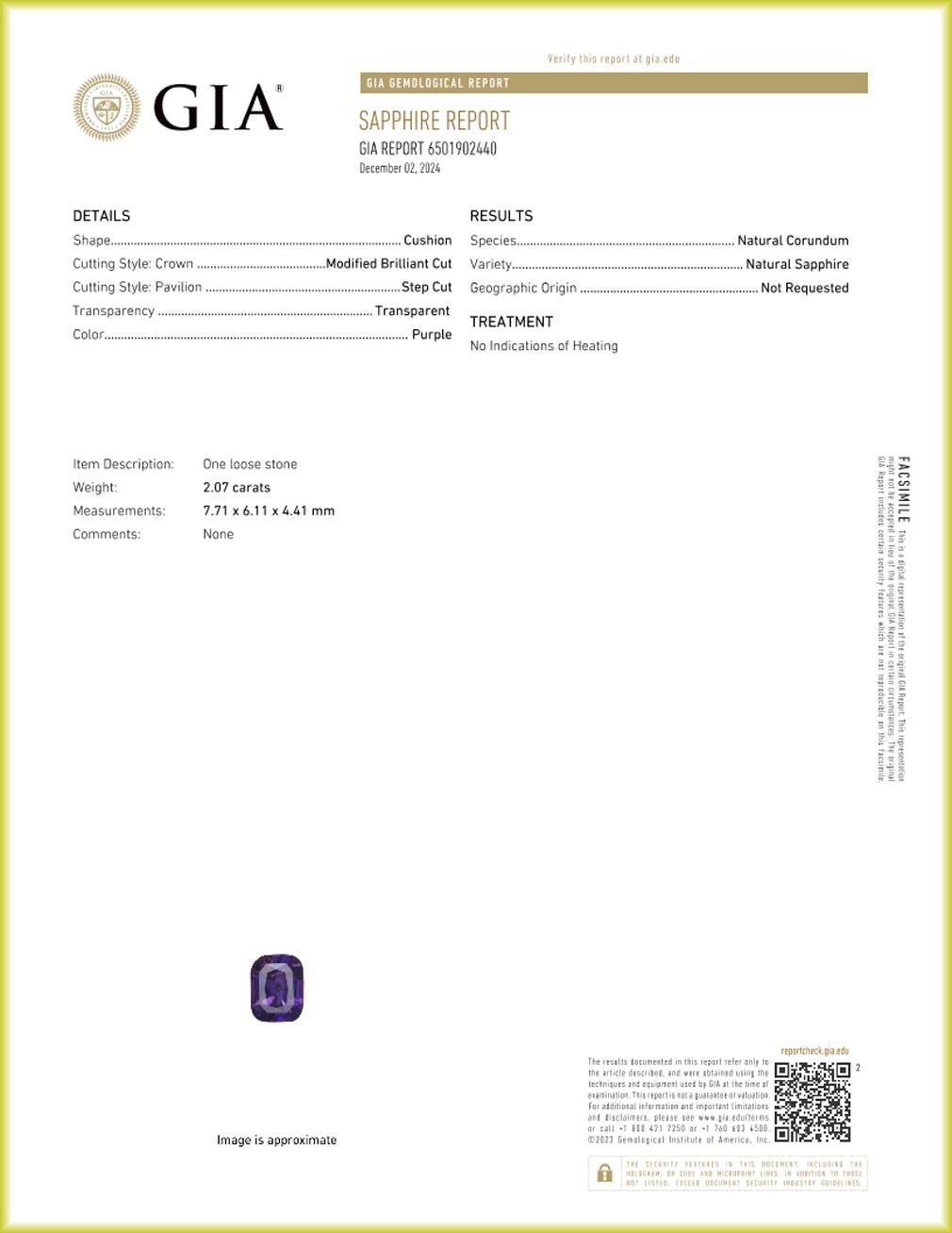 GIA Certified 2.07 ct Elegant Cushion (7.71 x 6.11 mm) Unheated Purple Sapphire