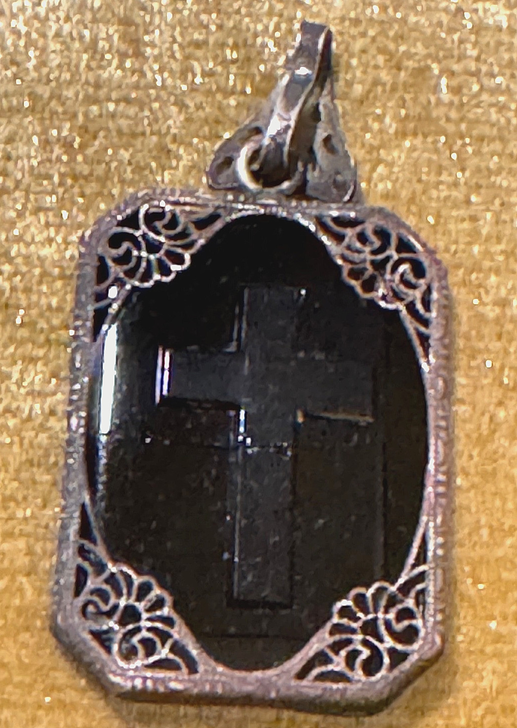 Antique Ornate Border with Black Onyx Mourning Pendant Etched Cross & Star Prism