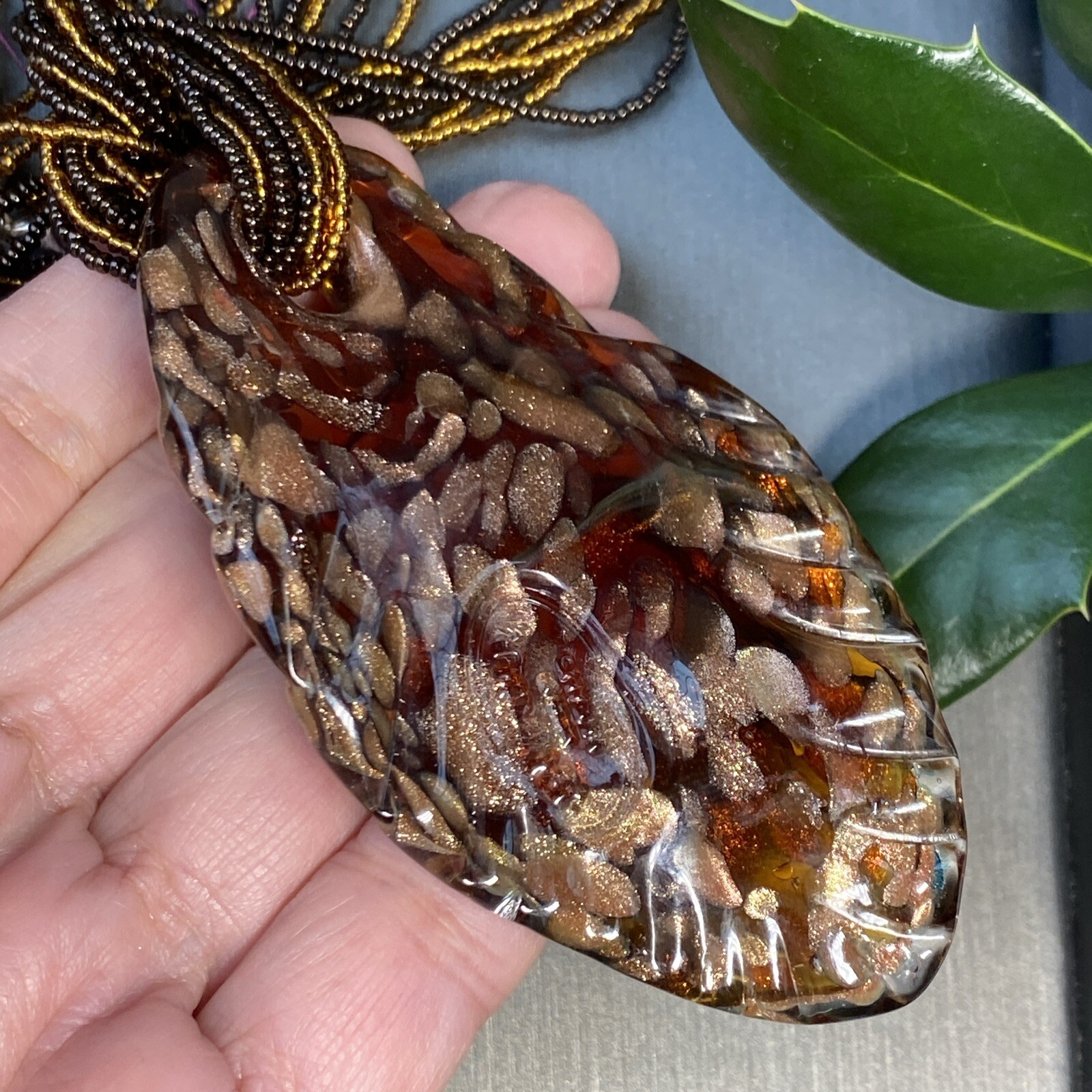 Vintage Pendant Necklace Handblown Murano Italy Art Glass 24K Gold Fleck Signed
