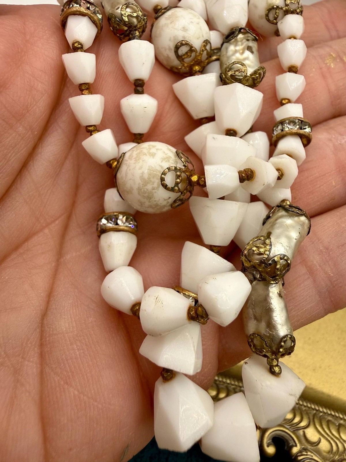 Vintage Milk Glass Multi Strand Necklace with Faux Pearls, Rhinestones (1940s-19