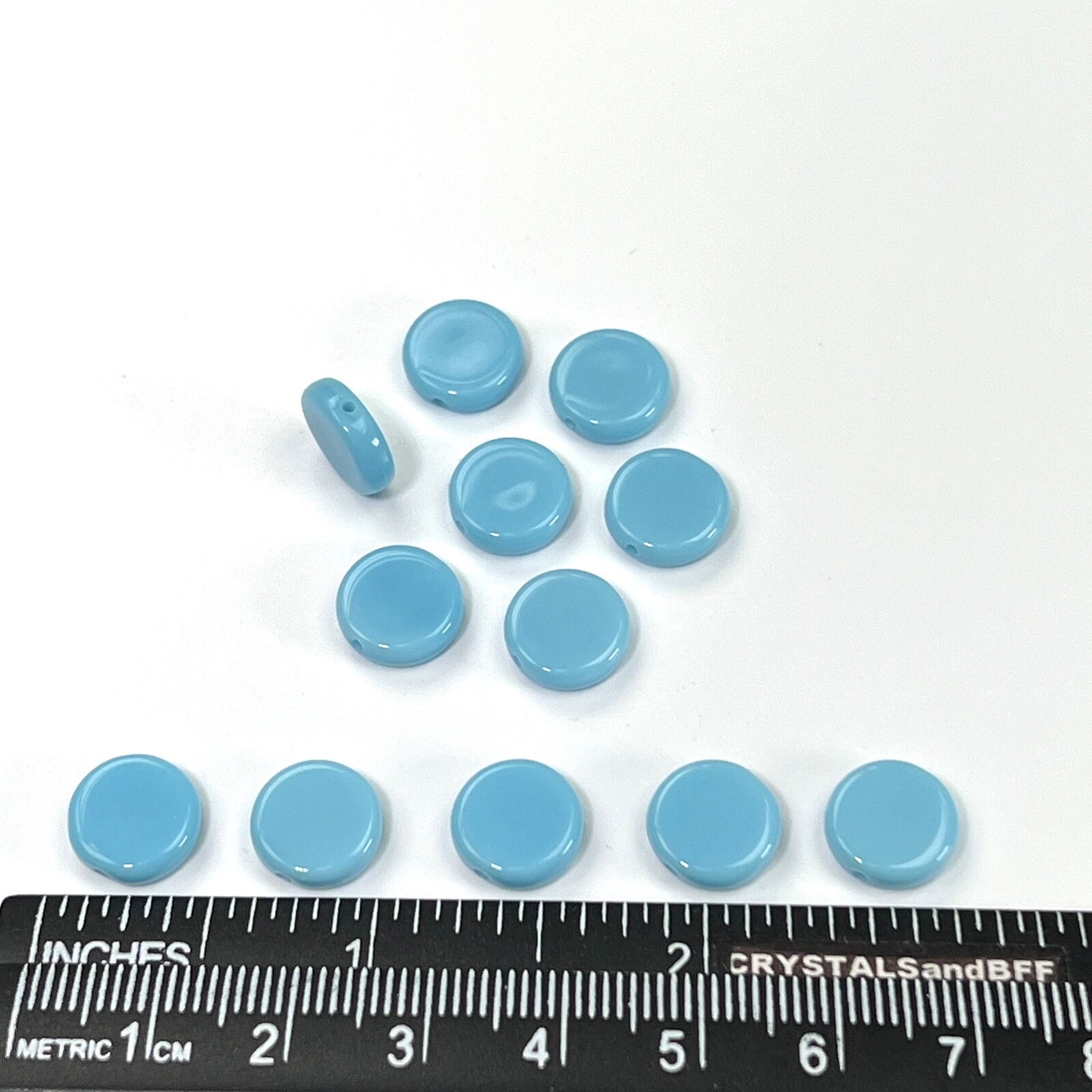Czech Glass Druk Beads in size 10mm, Flat Disc, Blue Turquoise opaque color, 50p