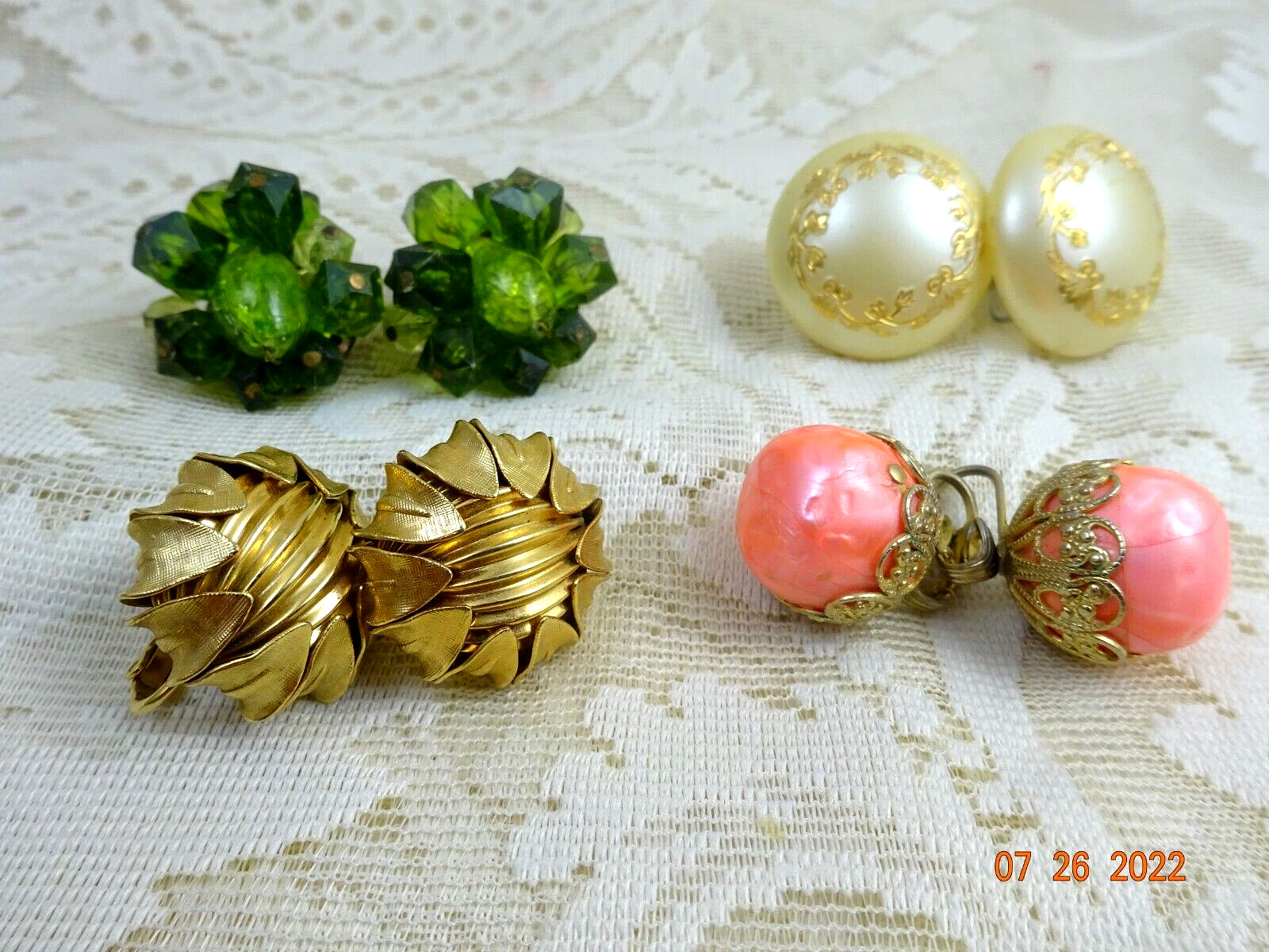 Vintage Set of 4 Multi Material Gold Tone Clusters Earrings Clip and Screw On