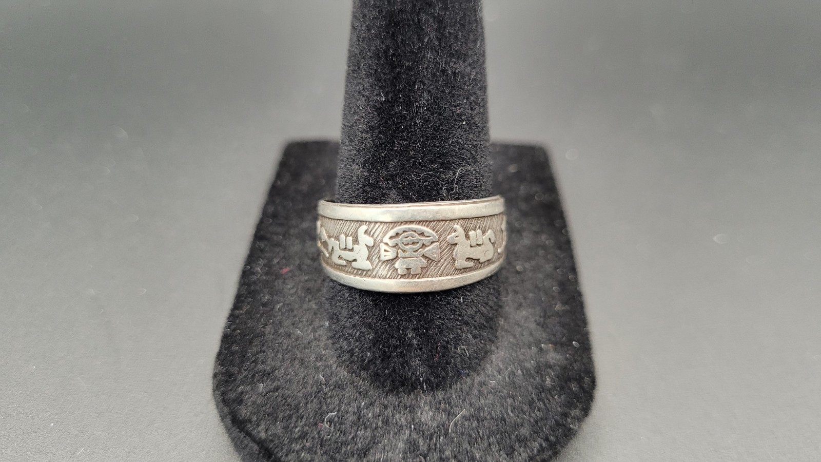 Vintage Sterling Silver Peruvian Inca Storytelling Picture Adjustable Ring Sz. 8