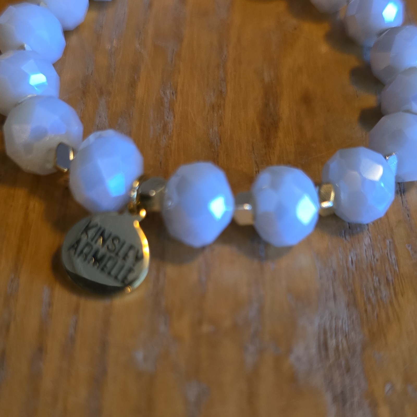 Kinsley Armelle White Glass Beaded Stretch Bracelet Dangle Charm Signed Stack
