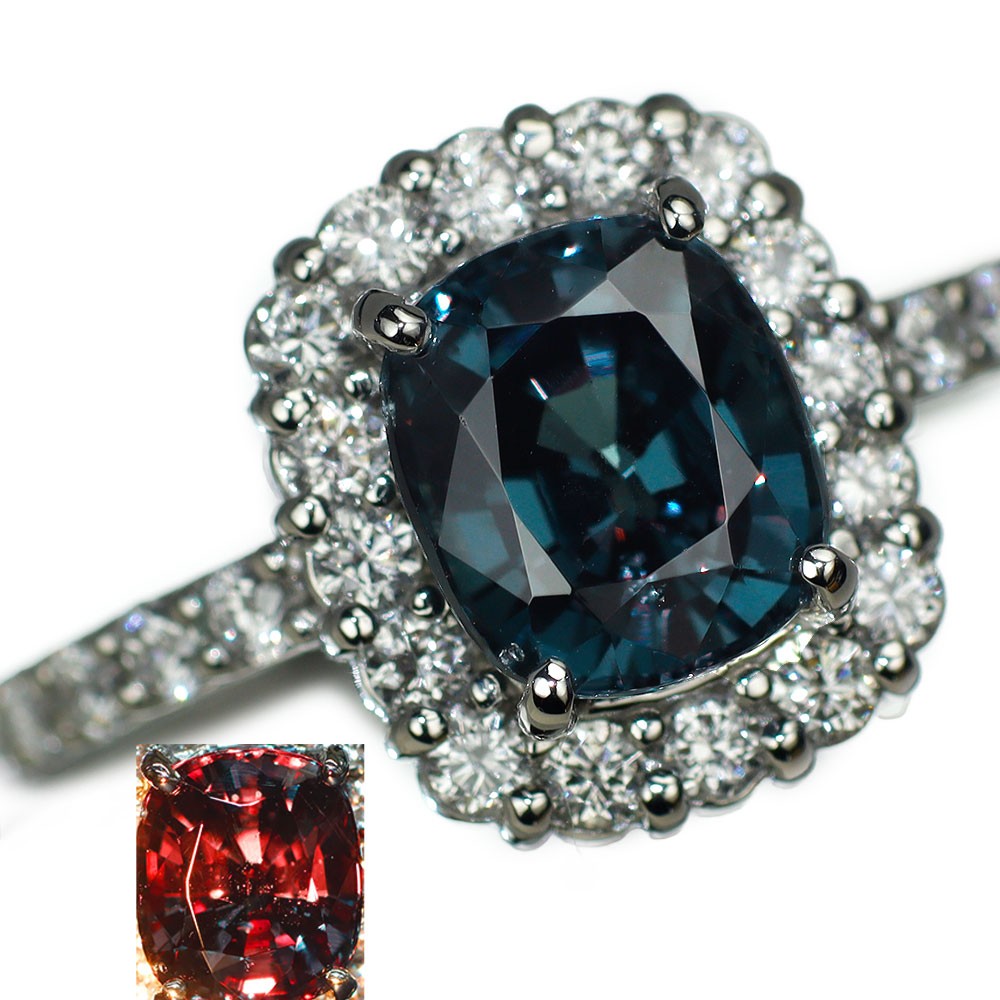 Brand New Pt950 Color Change Garnet Diamond Ring 2.234ct D0.57ct Becky Blue Type