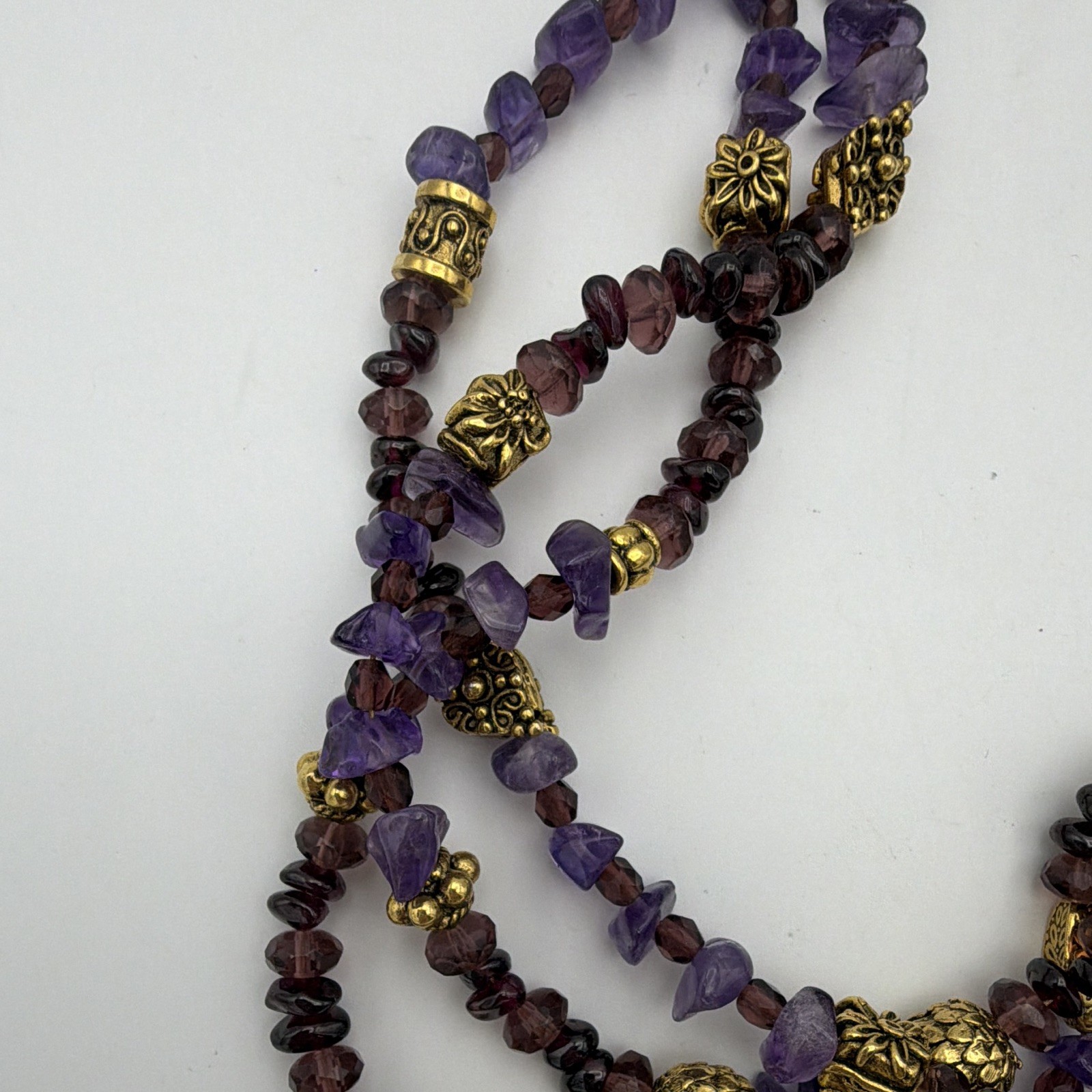 Multi-Strand Layered Beaded Necklace Amethyst Garnet Purple Gold 18” Hook
