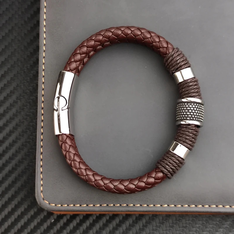 PU Leather Bracelet Multilayer Stainless Steel Bead Charm Men Wrist Jewelry