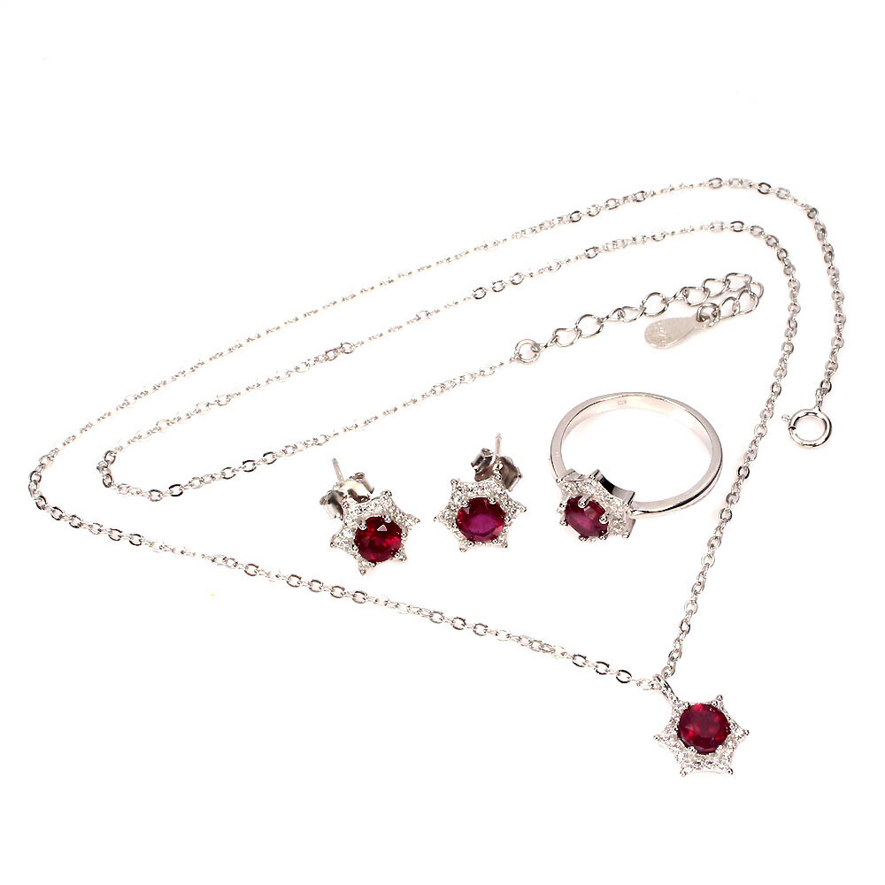 925 Sterling Silver Sets Necklace Earrings Ring Round Ruby 5mm Gemstone Jewelry