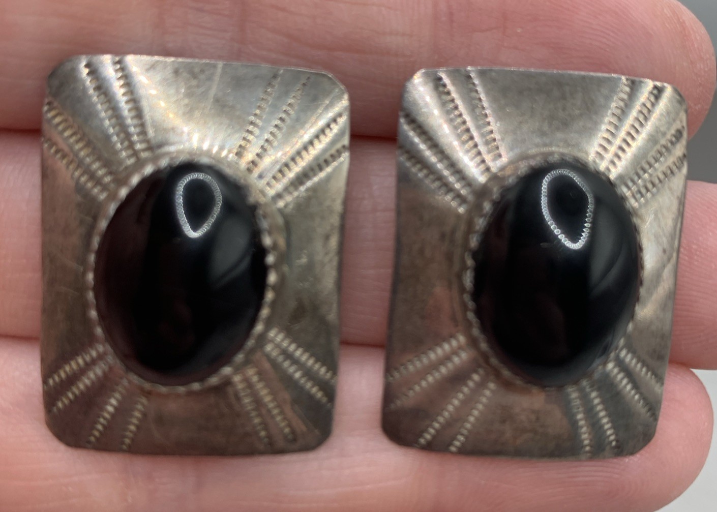 Vintage Southwest Sterling Silver Black Onyx Rectangle Stamped Clip-On Earrings