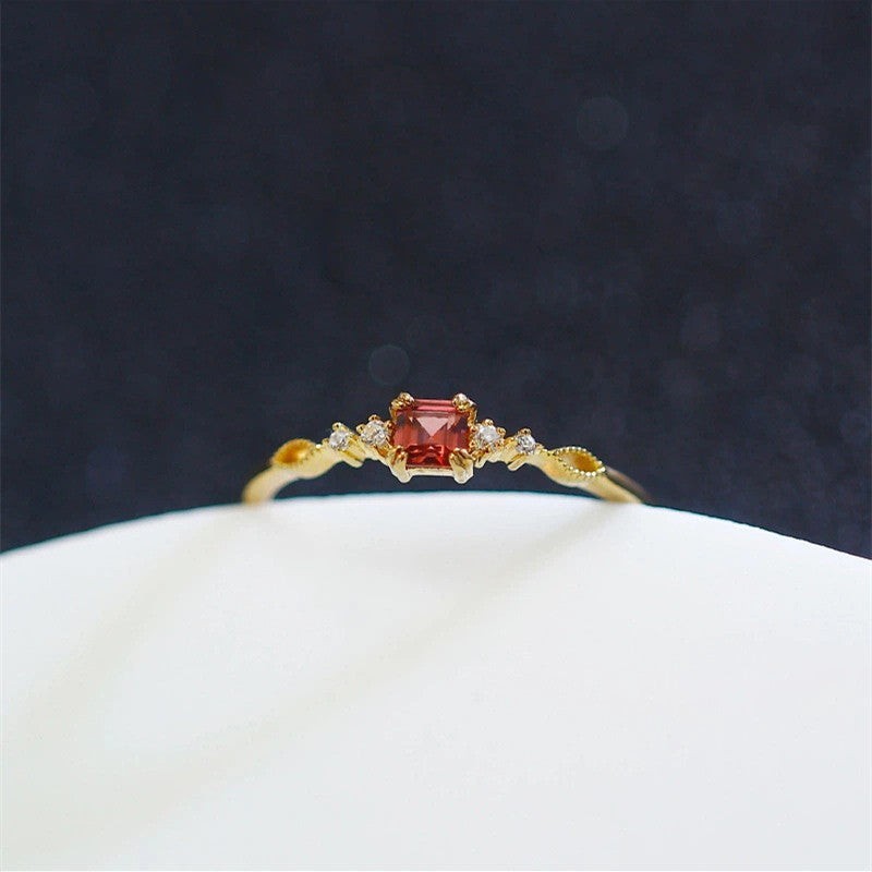 Gold Vintage Garnet Stone Thin Band Ring in Sterling Silver