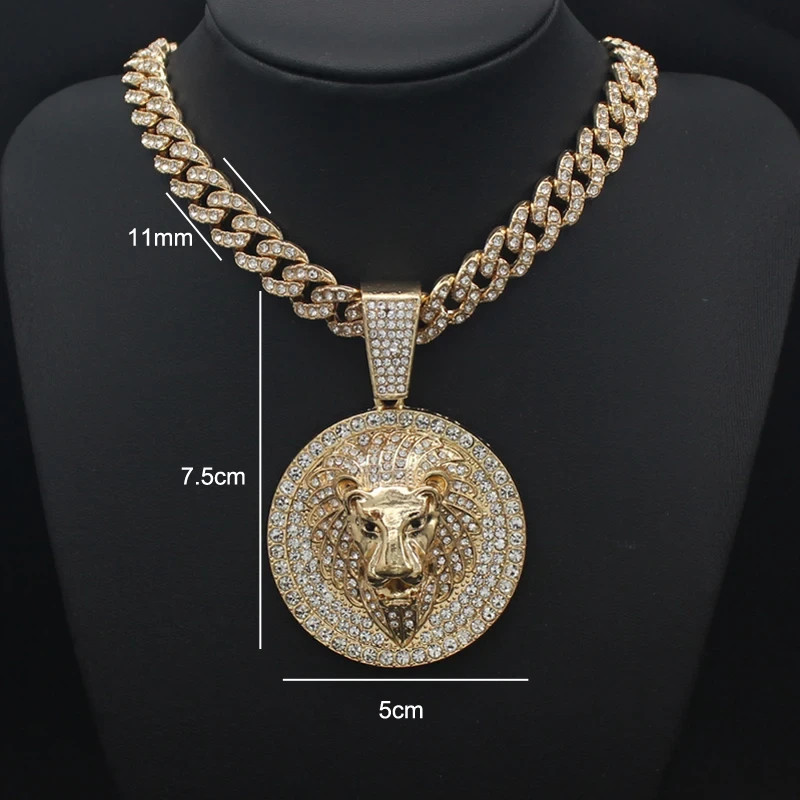 Big Lion Head Pendant Necklace –Hip Hop Cuban Chain, Iced Out Rhinestone Jewelry