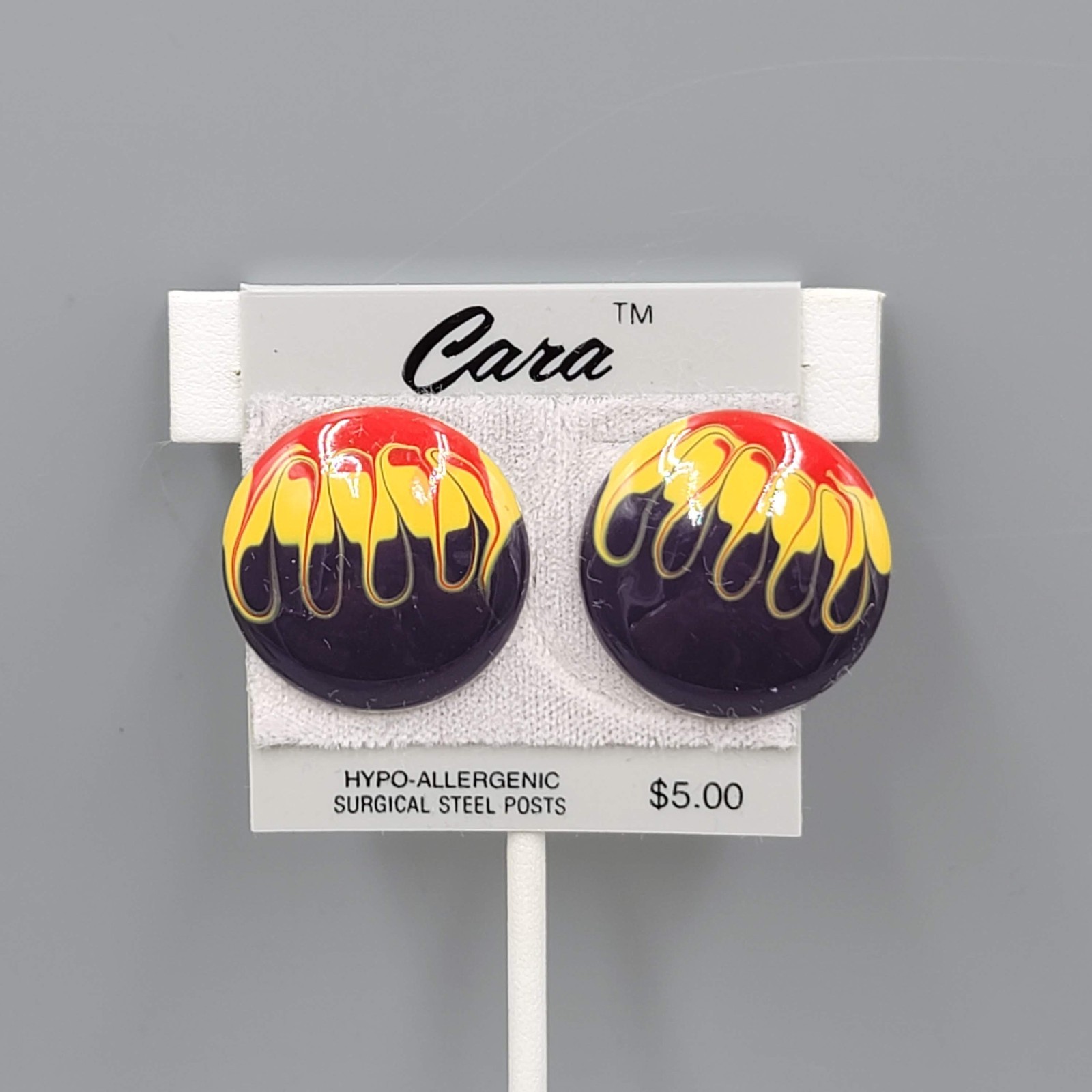 Vintage Black Yellow Red Round Enamel Cara Pierced Earrings NOS Prop 1″