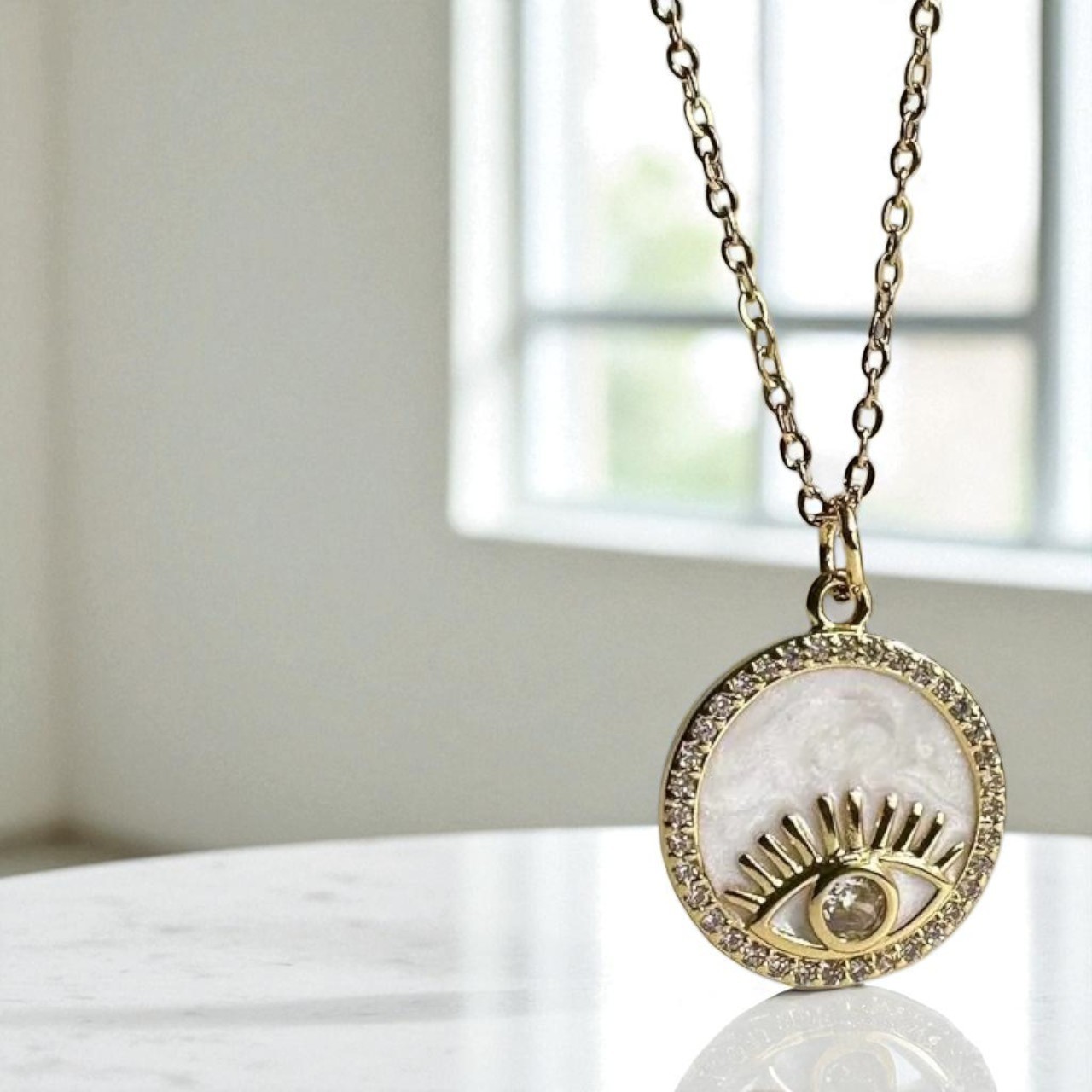 Natural Mop And Diamond Evil Eye Charm pendant 925 Silver Disc pendant for gift