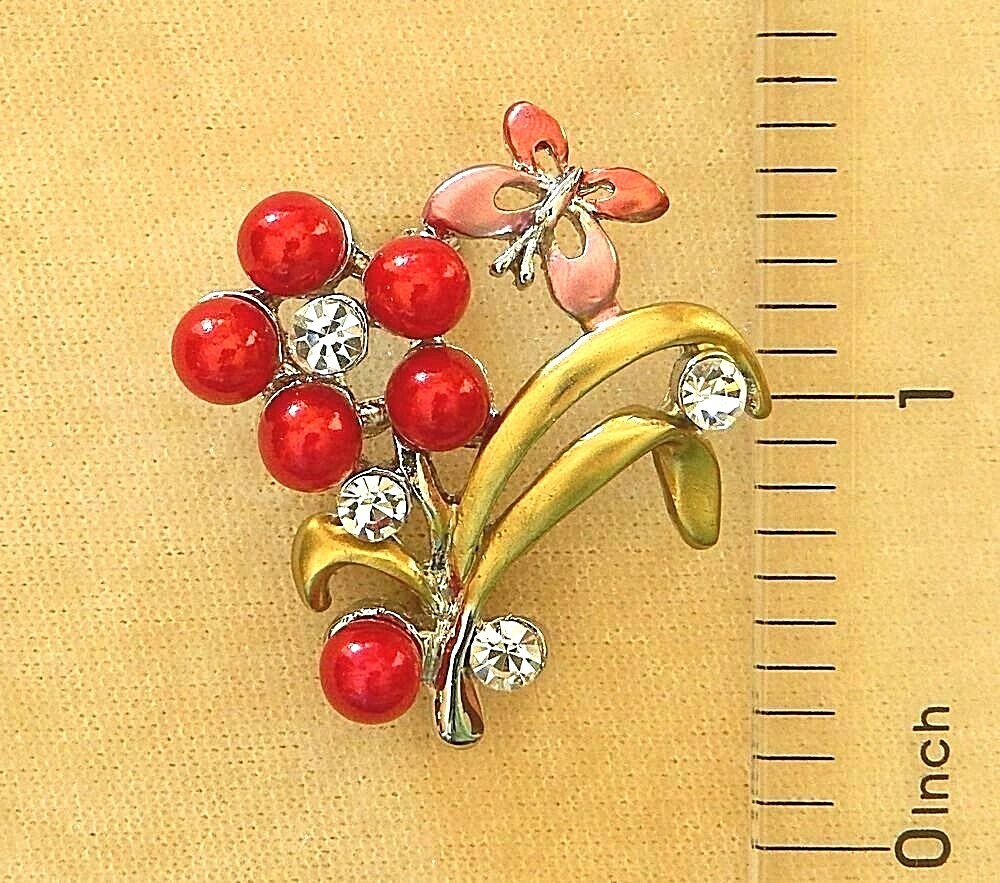 Crystal Rhinestone Fuchsia Pink Pearls Butterfly Flower Silver Scarf Pin Brooch