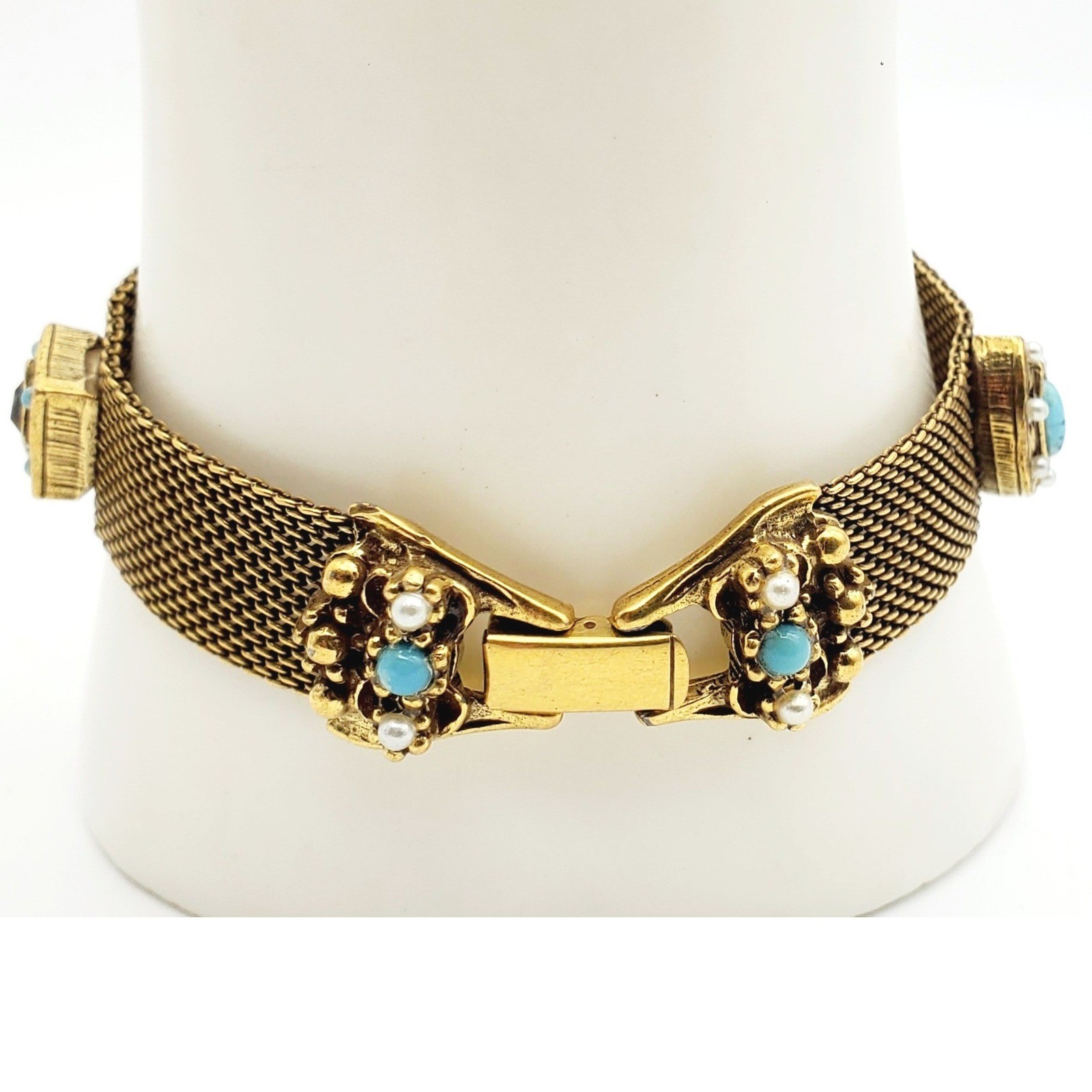 Vtg Goldette Gold Tone Victorian Revival Mesh Chain Bracelet Jeweled Blue Purple
