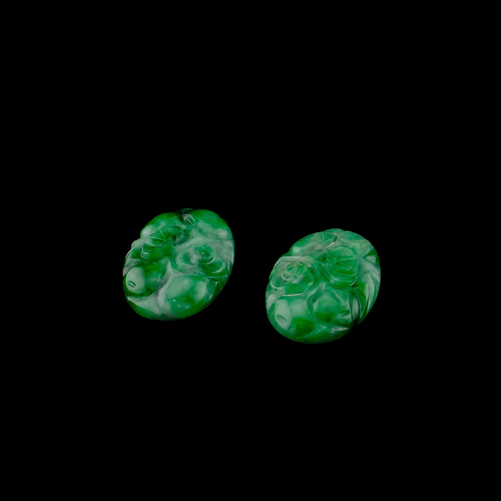 Pair Natural Green Jade Carved Oval Cabochons 15.8×10.2mm 9ct Loose Gemstones