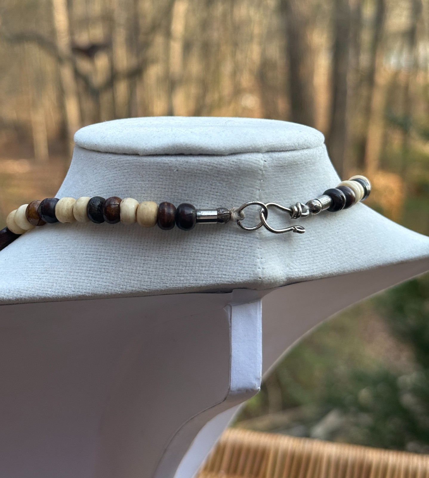 Vintage Nubian Organic Wood Carved Beaded Necklace Ivory Brown Statement