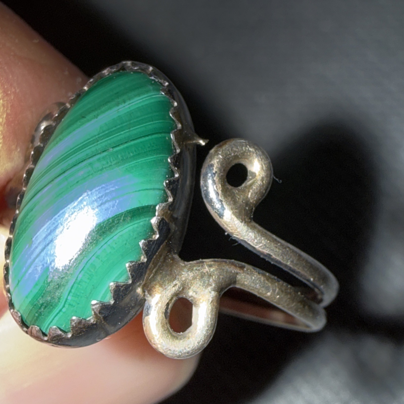Natural Malachite, 925 Sterling Silver Ring-3.17grams. size 8. Needs Repair.