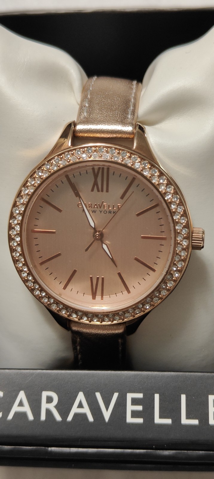 Caravelle New York 44L132 Women’s Analog 37mm Round Rose Gold Tone Crystal Watch