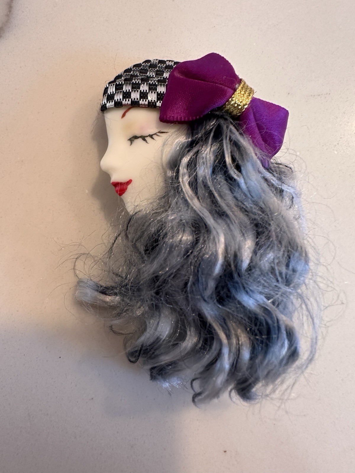 Lady Head Porcelain Brooch Hand Painted Long Gray Hair SEE DETAILS Repair Needed