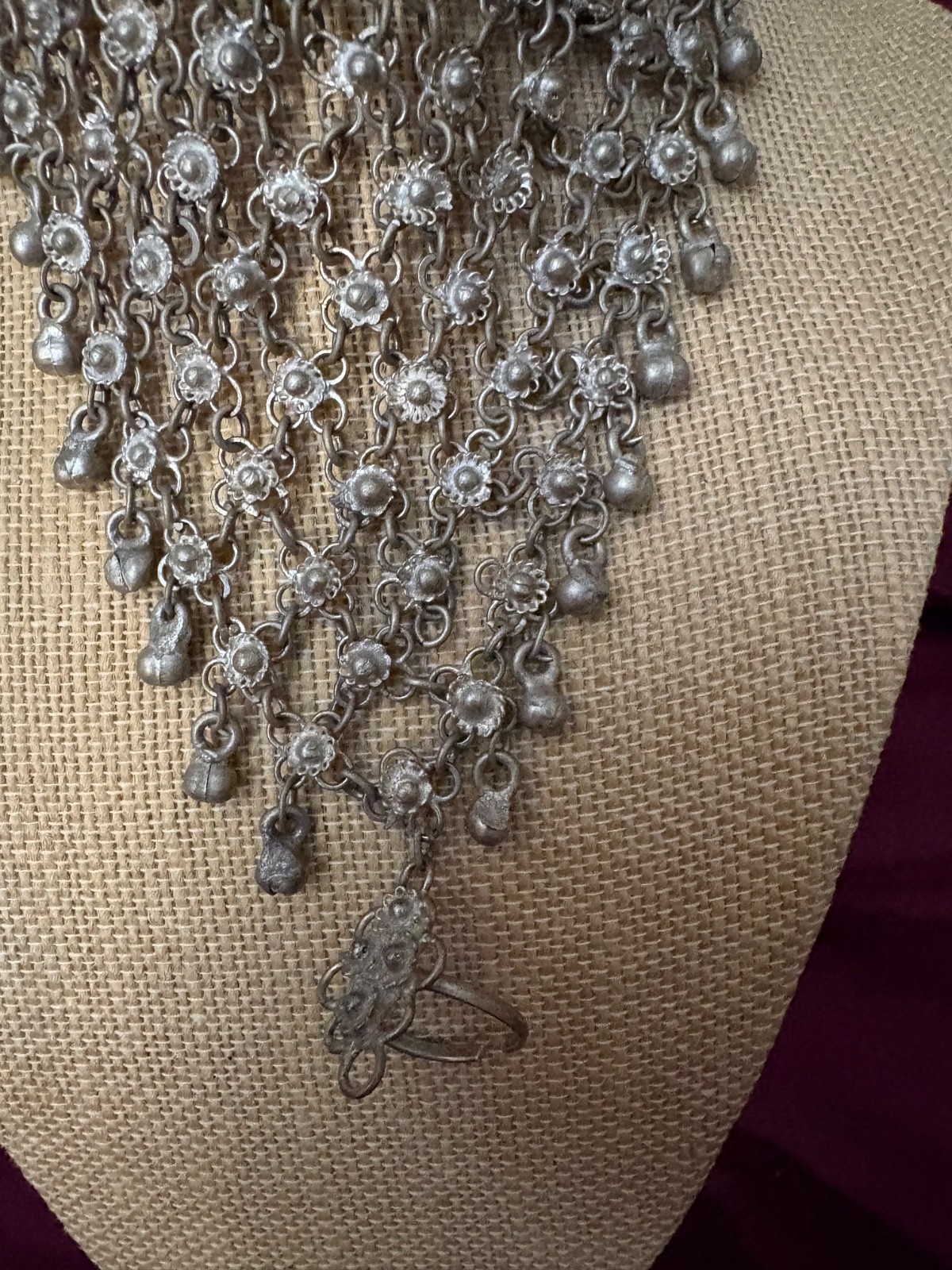 Afghan Kuchi Silver Toned Bracelet Waterfall Design with Connected Finger Ring