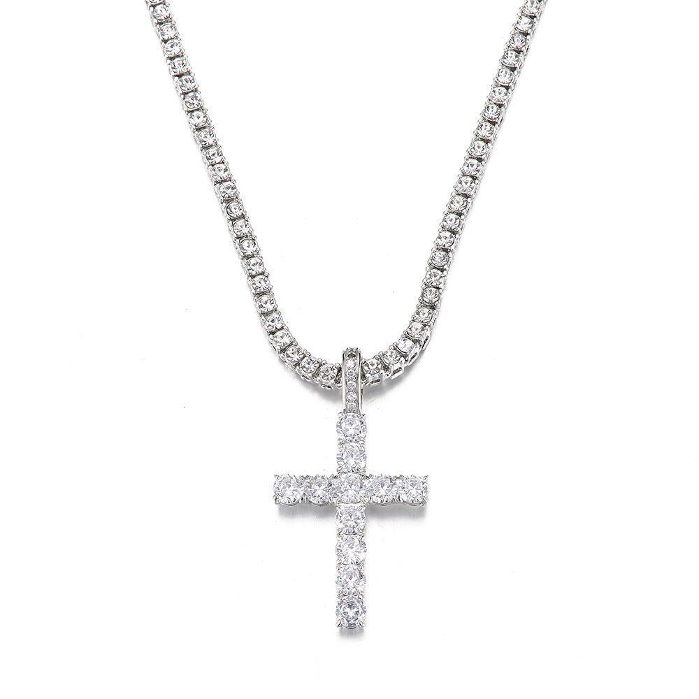 14k Gold Silver Plated Tennis Chain Choker ICED CZ Necklace with Cross Pendant