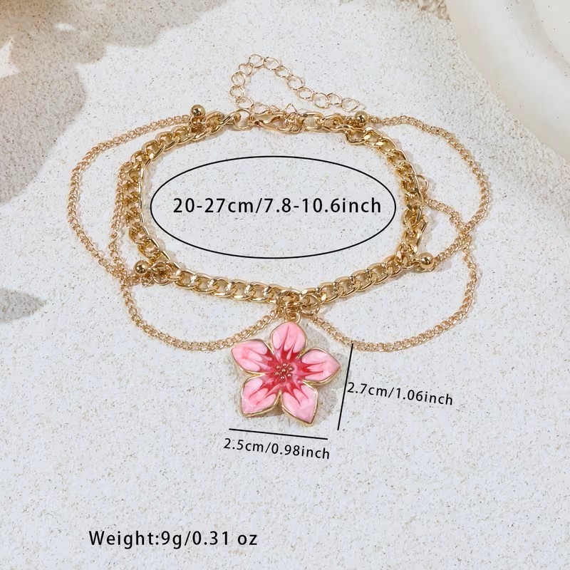 Triple Drop Chain Womens Pendant Anklet Pink Flower Lobster Clasp Adjustable