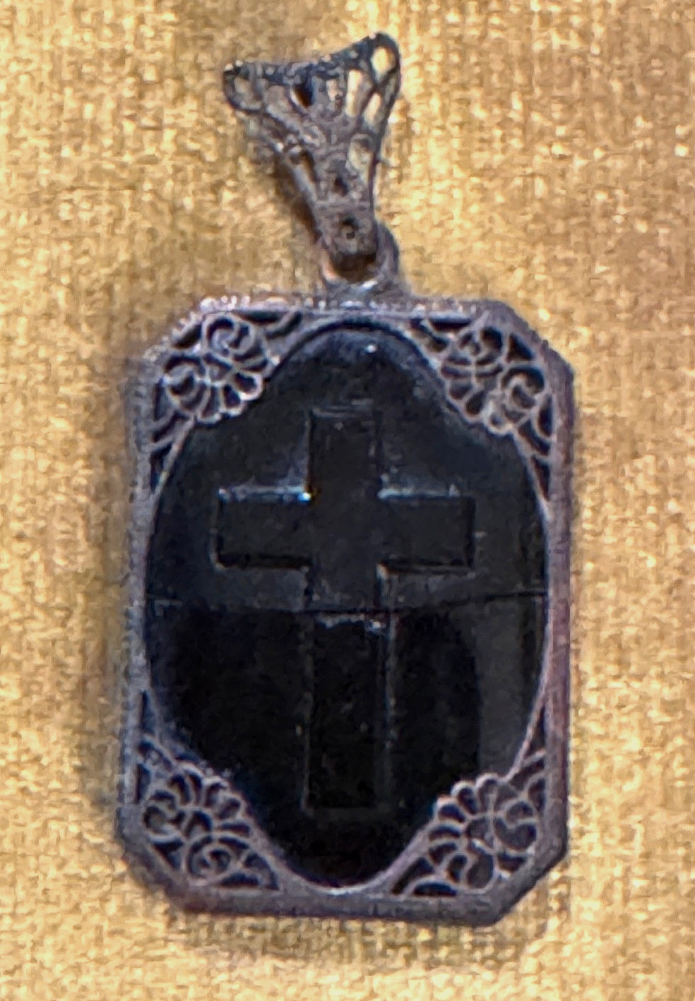 Antique Ornate Border with Black Onyx Mourning Pendant Etched Cross & Star Prism