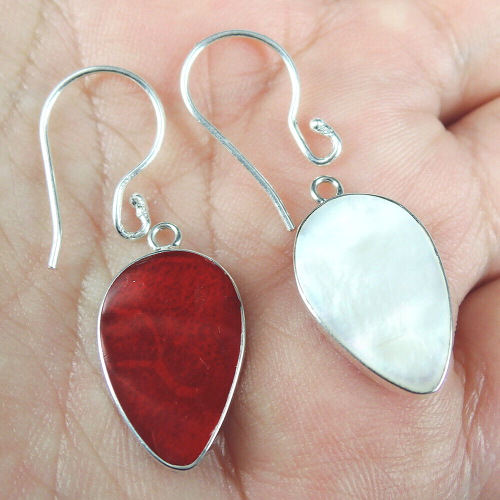 2 in 1 Design 925 Silver Reversible Red Coral & Mother of Pearl Earrings, REV-02