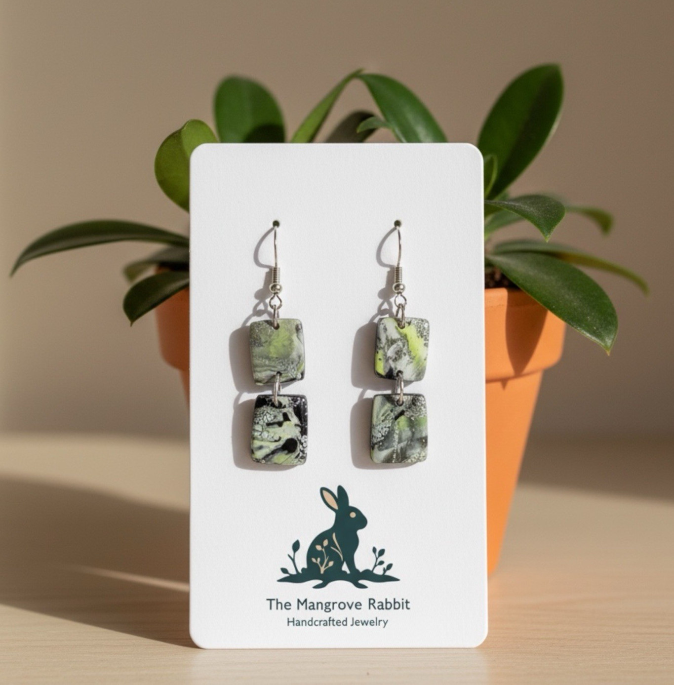 Green Black Silver Marbled Print Handmade Polymer Clay Dangle Earrings SS Wires
