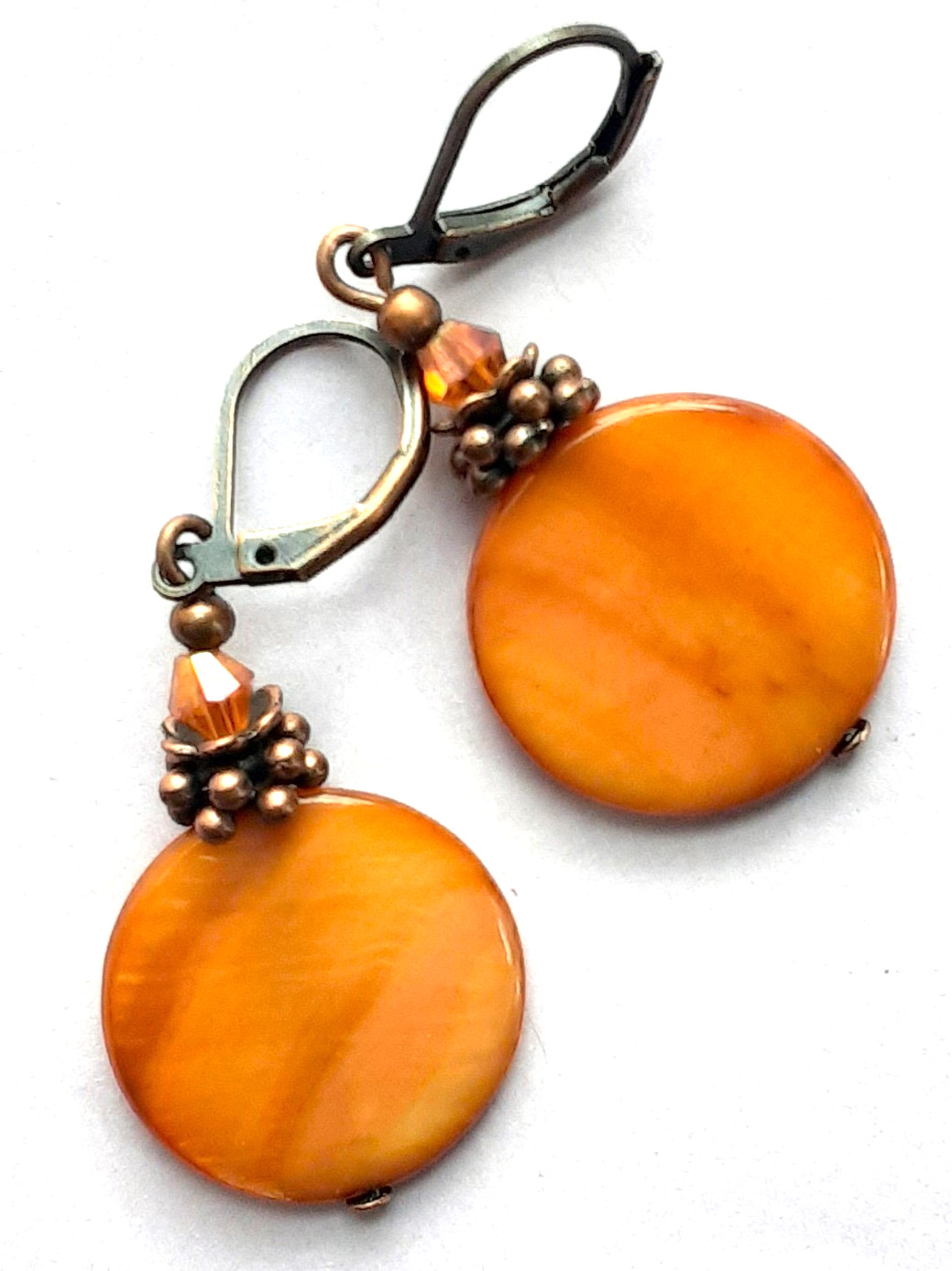 CARAMEL COLOR SHELL bicone crystal earring COPPER LEVERBACK artisan XX