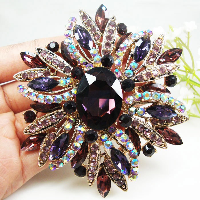 New Vintage Style Gorgeous Purple Flower Gold-tone Brooch Pin Rhinestone Crystal