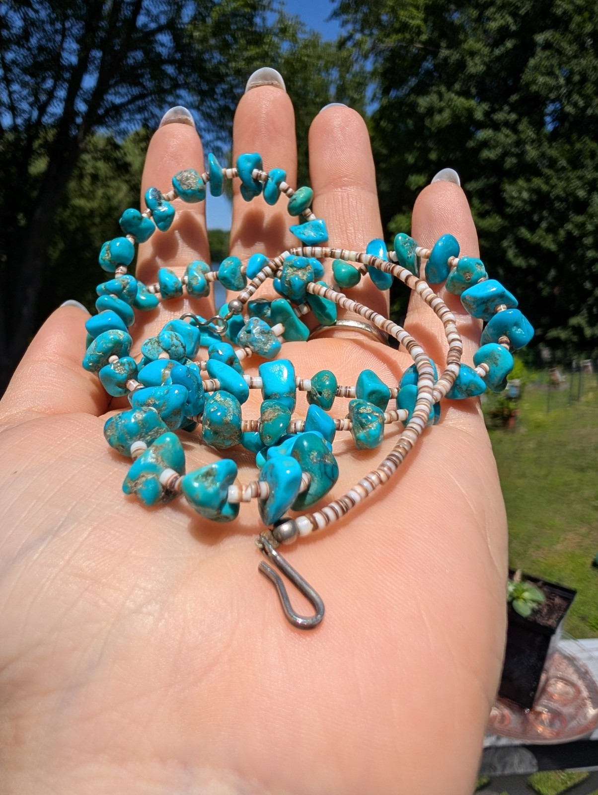 Vintage Kingman Turquoise Olive Shell Heishi Necklace 29″ Southwestern 35g